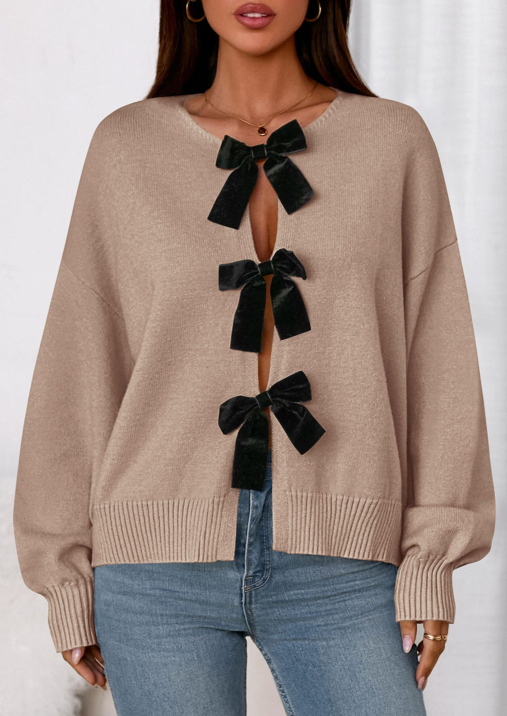 PRETTYGARDEN Cardigan Sweaters for Women Fall Fashion Bow Tie Front Long Sleeve Knit Sweater Tops Cute Winter Clothes