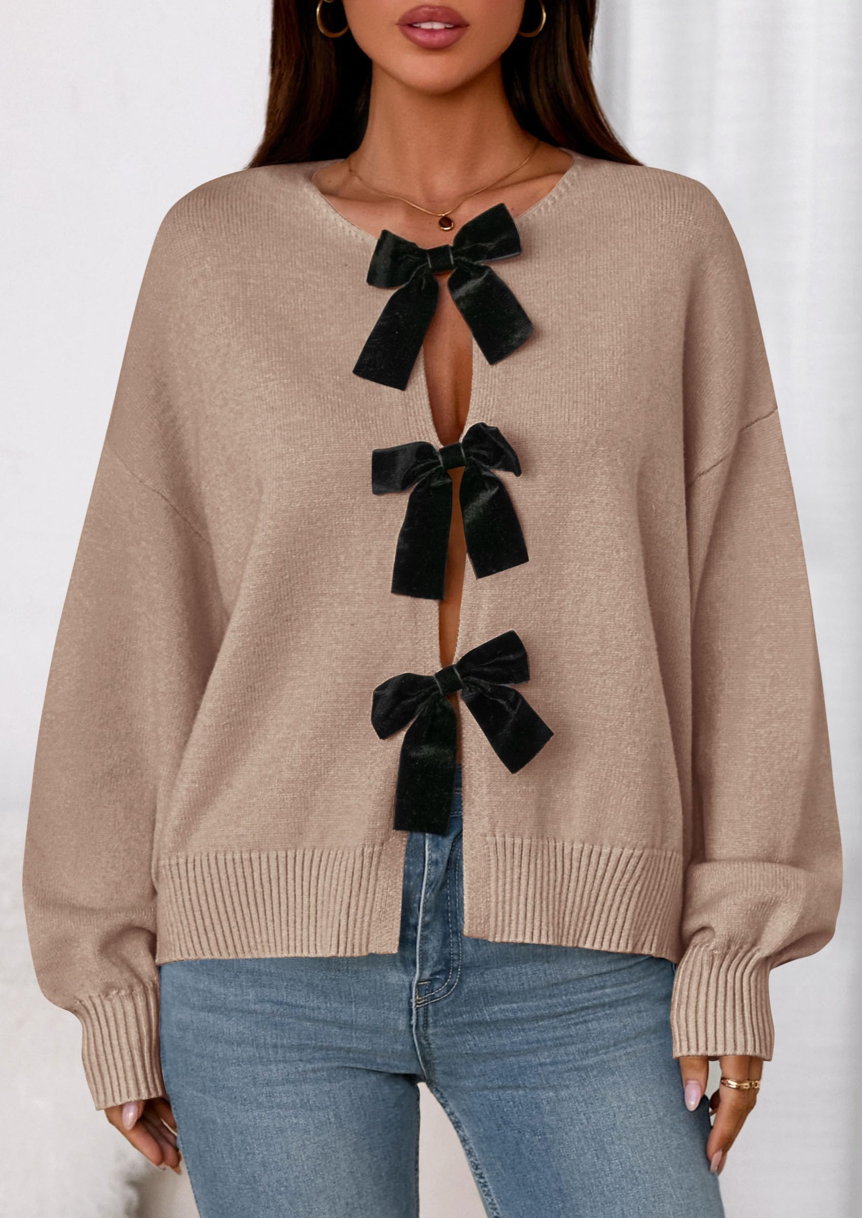 PRETTYGARDEN Cardigan Sweaters for Women Fall Fashion Bow Tie Front Long Sleeve Knit Sweater Tops Cute Winter Clothes