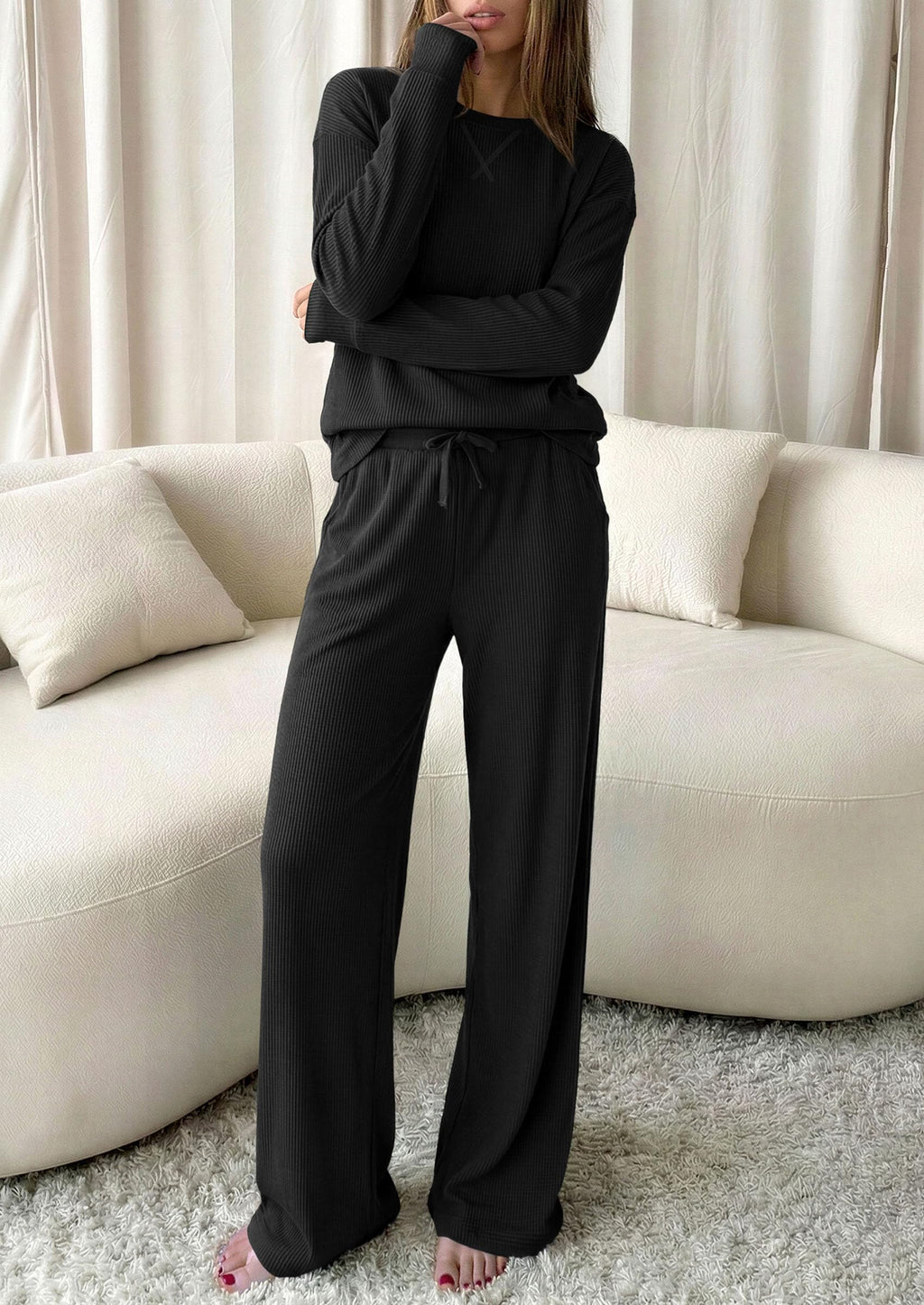 PRETTYGARDEN Sweatsuits Women 2 Piece Airport Travel Outfits | Ribbed Knit Lounge Sets, Casual Athleisure Wear, Matching Long Sleeve Shirts & Wide Leg Pants Pockets, Fall Winter Clothes