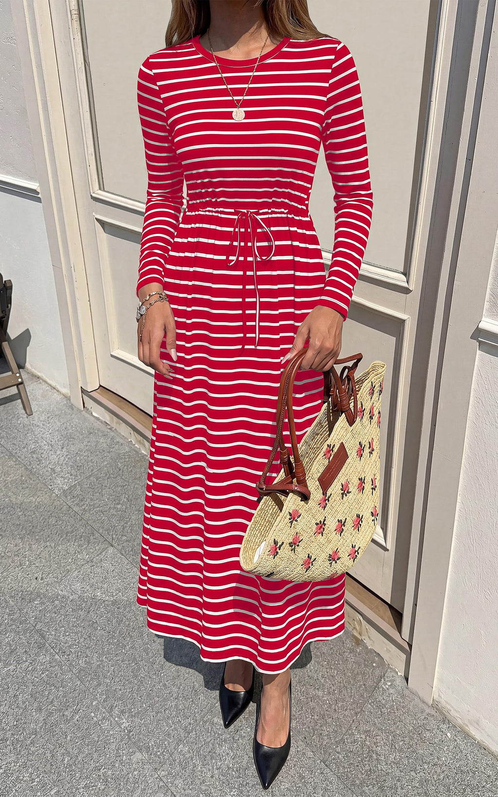 FreshPretty Long Sleeve Maxi Dresses for Women Fall Casual Loose Striped Dress|Cotton T Shirt Dress, Loose Fit Dress with Pocket, Business Casual Work Teacher, Fall Outfits