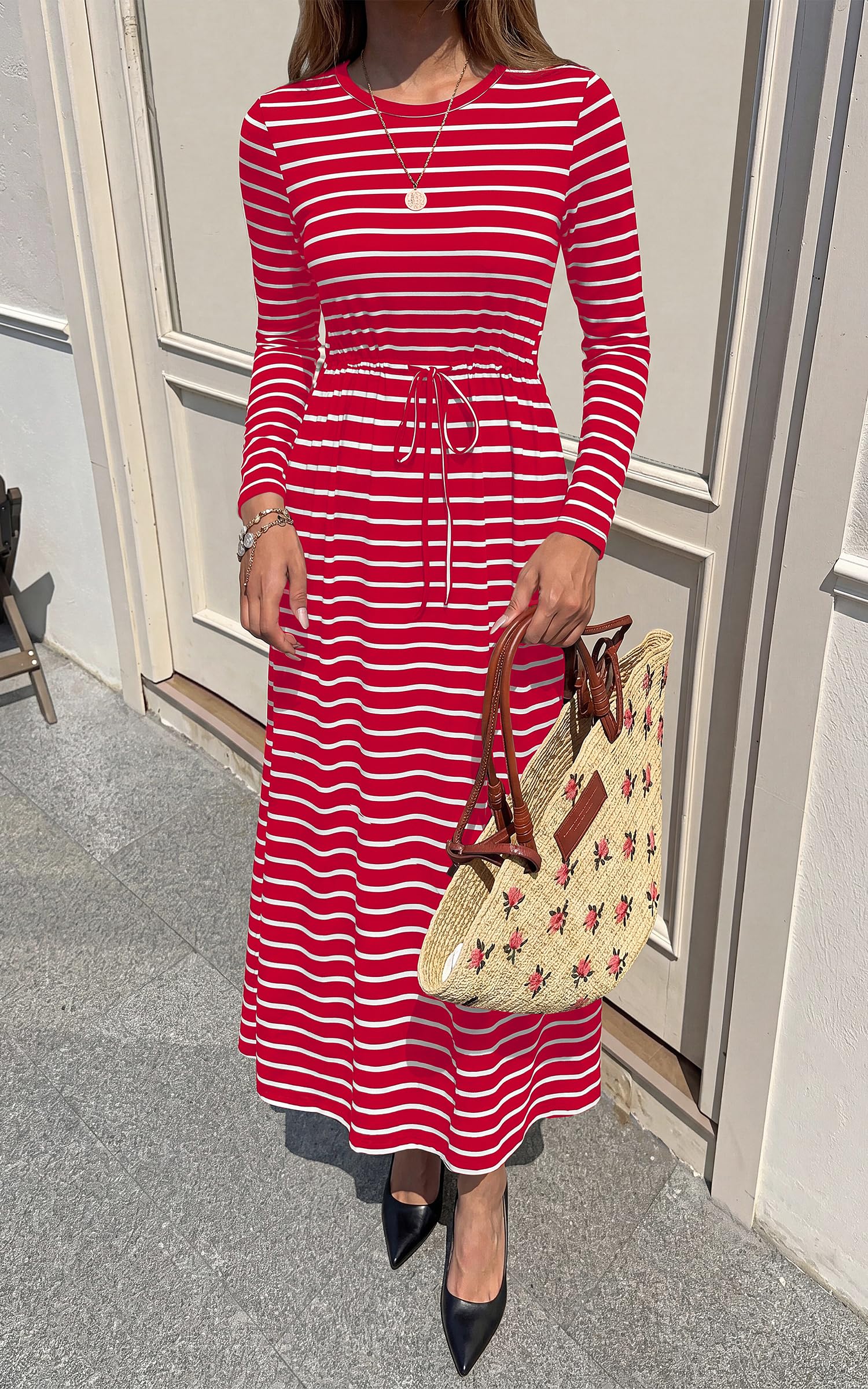 FreshPretty Long Sleeve Maxi Dresses for Women Fall Casual Loose Striped Dress|Cotton T Shirt Dress, Loose Fit Dress with Pocket, Business Casual Work Teacher, Fall Outfits