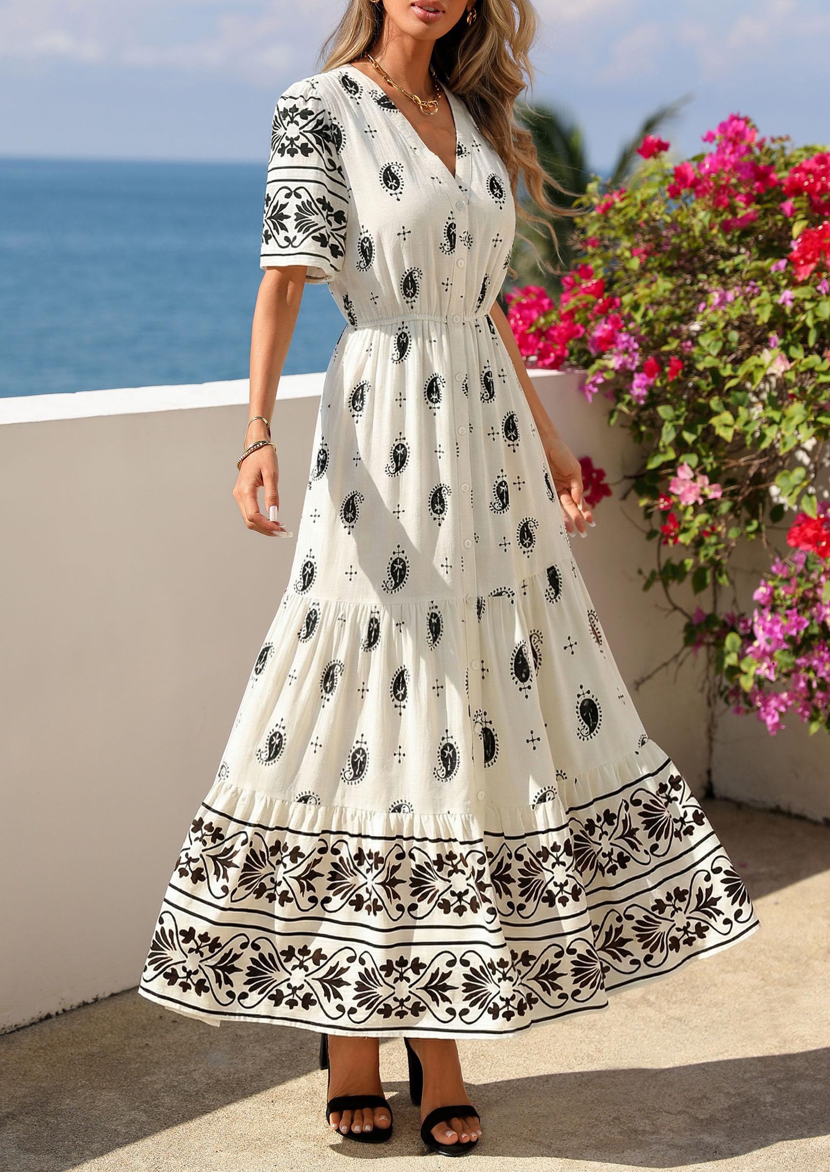 PRETTYGARDEN Womens Summer Boho Maxi Dress Trendy Short Sleeve V Neck Flowy Beach Floral Dresses with Pockets