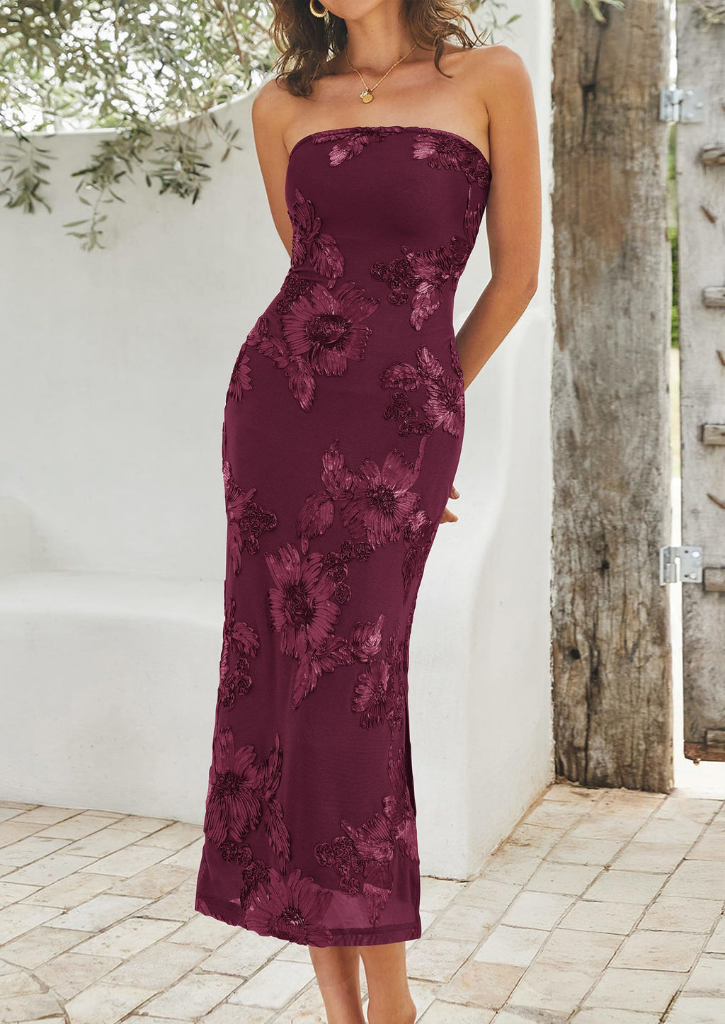 PRETTYGARDEN Women's Summer Wedding Guest Floral Midi Dress Strapless Tube Top, Side Slit, Bodycon Mesh, Elegant Cocktail Dresses for Homecoming Party, Birthday, Dinner, Formal Gowns