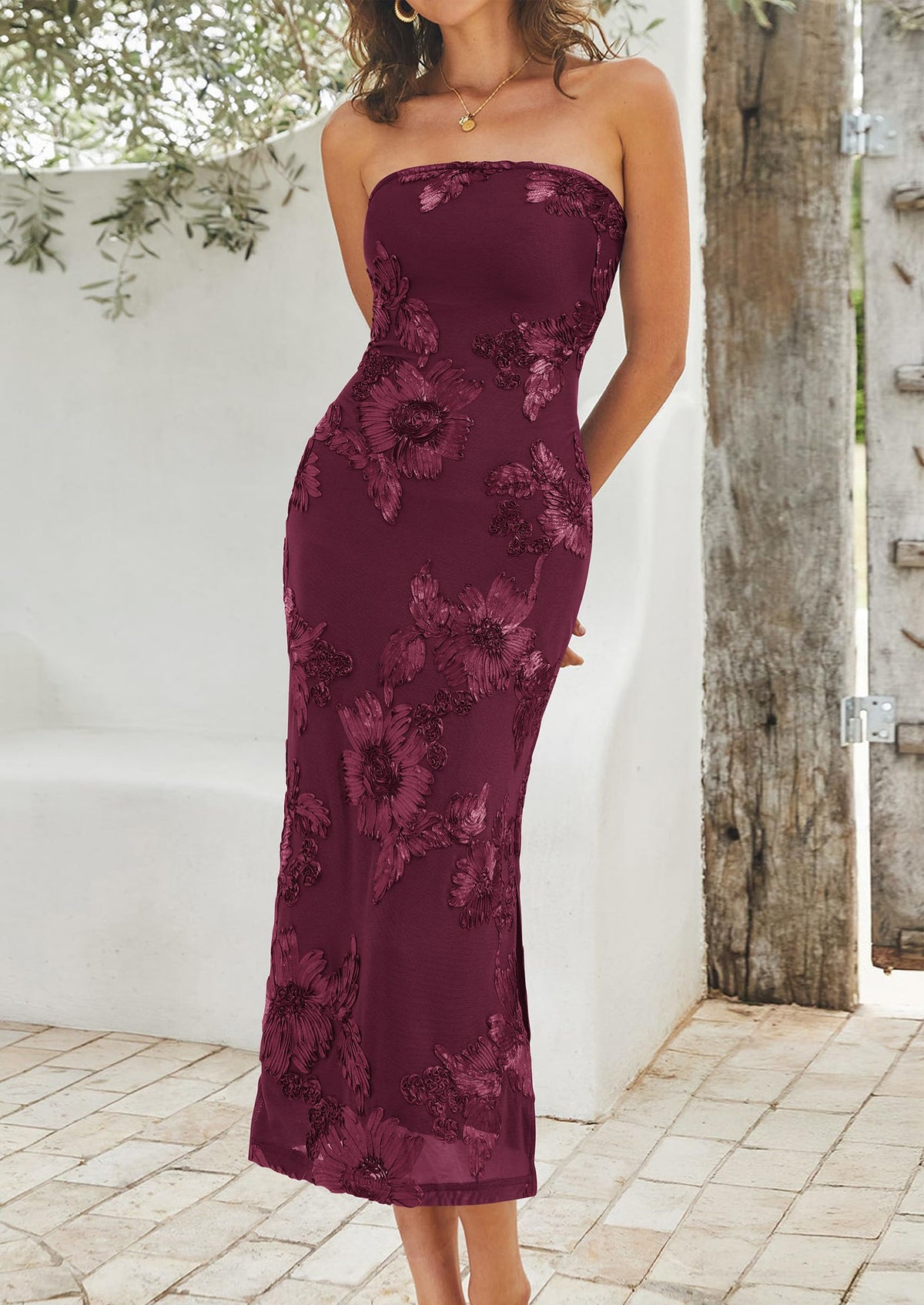 PRETTYGARDEN Women's Summer Wedding Guest Floral Midi Dress Strapless Tube Top, Side Slit, Bodycon Mesh, Elegant Cocktail Dresses for Homecoming Party, Birthday, Dinner, Formal Gowns