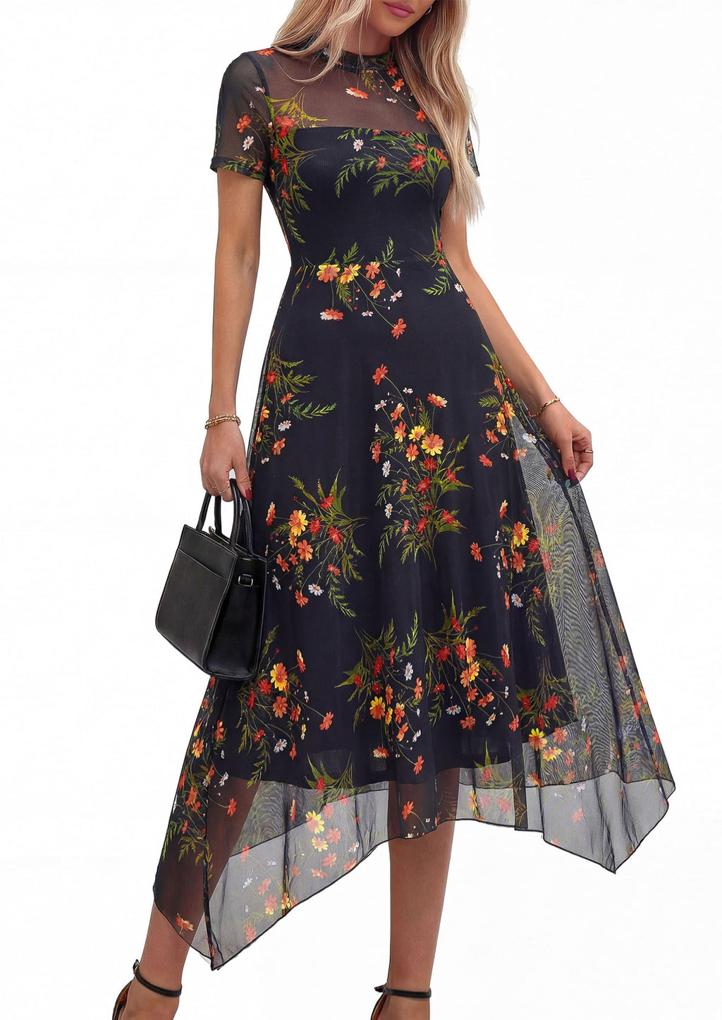 PRETTYGARDEN Cocktail Dresses for Women  Summer Short Sleeve Floral Mesh Sheer Midi Party Wedding Guest Dress