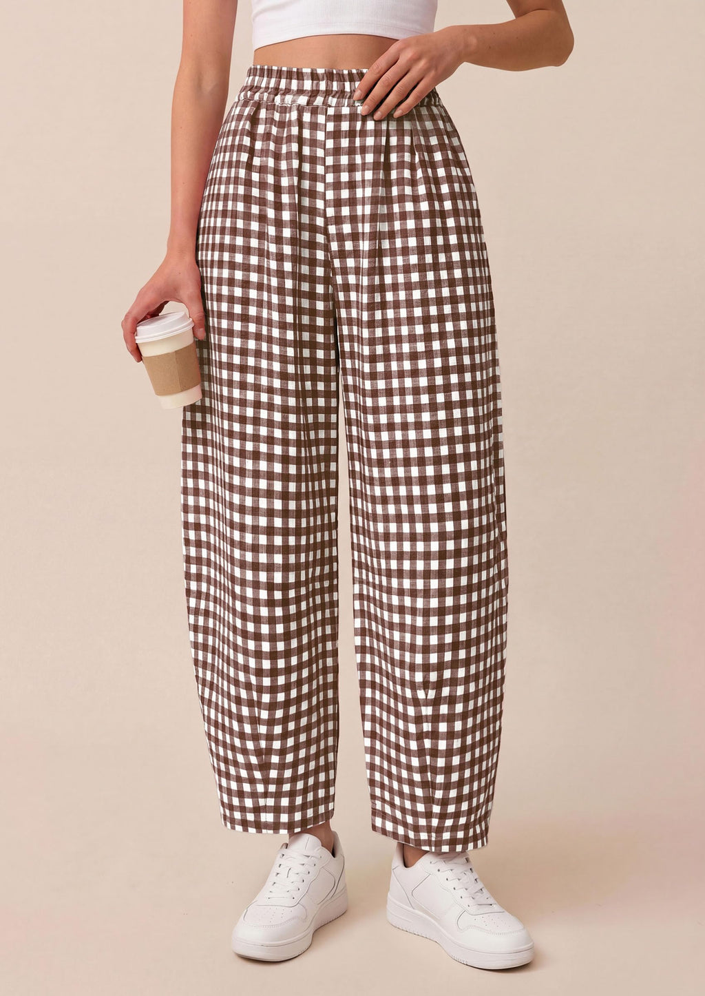 PRETTYGARDEN Plaid Barrel Pants Women Summer Casual Loose Wide Leg Lounge Gingham Trousers Spring Fashion Beach Bottoms