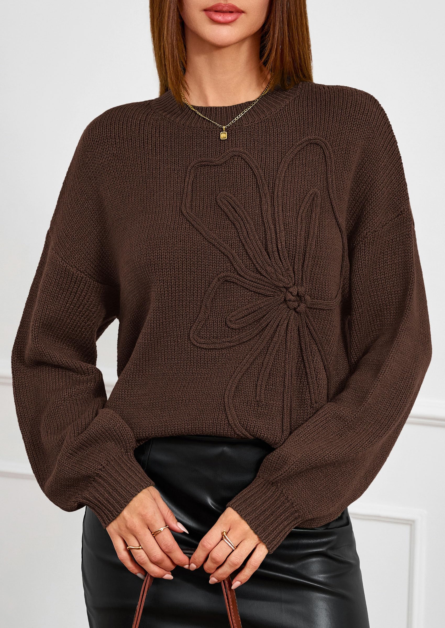 PRETTYGARDEN Womens Sweaters  Fall Fashion Long Sleeve Crewneck Floral Knit Pullover Sweater Tops Winter Clothes