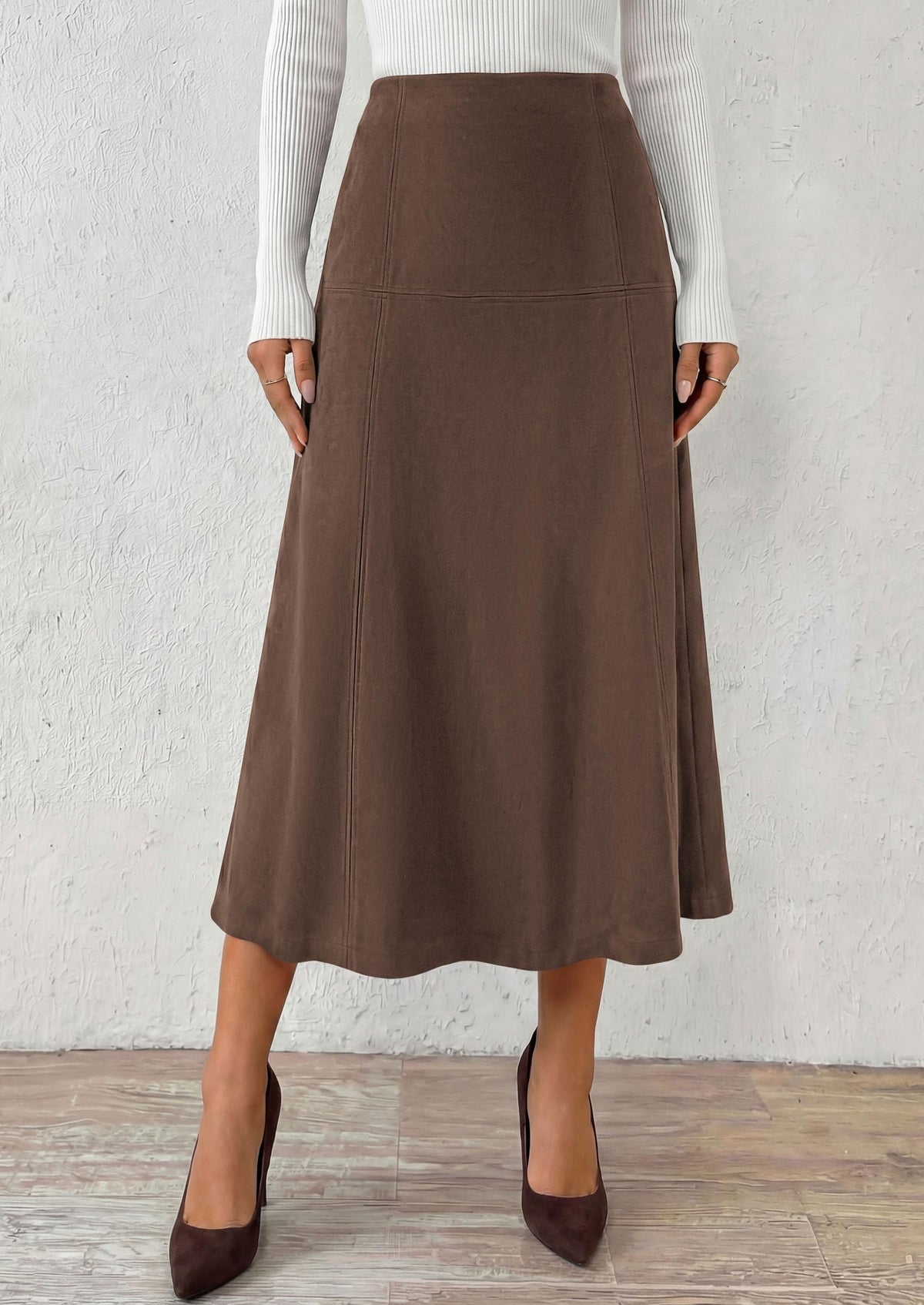 PRETTYGARDEN Womens High Waist Faux Suede A Line Midi Skirt | Hidden Stretch Elastic Waist, Front Back Panel Stitching, Vintage Elegant Mid-Calf Long Skirts for Fall Winter Office Daily
