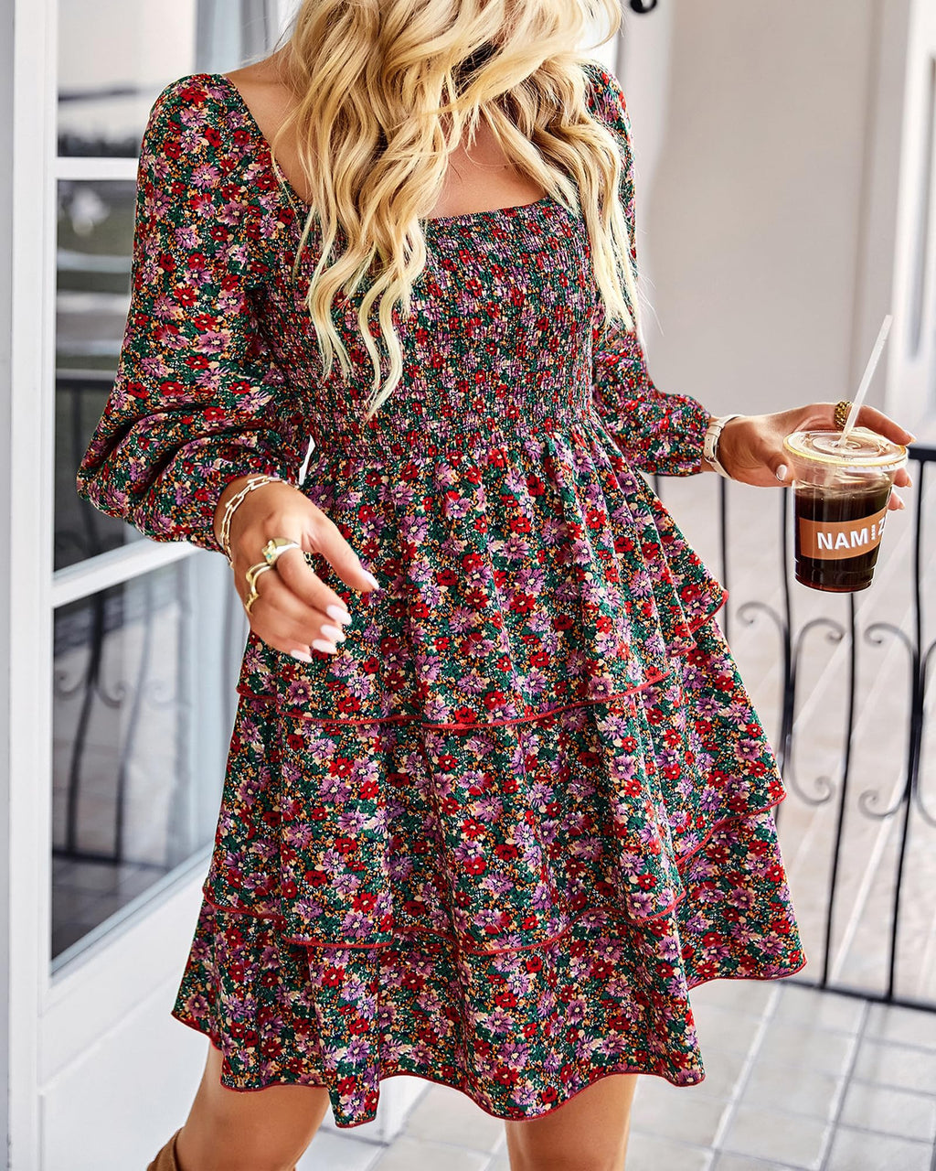 FreshPrettyWomen Square Neck Smocked Dresses Summer Spring Long Sleeve Floral Swiss Dot Mini Boho Wedding Guest Dress