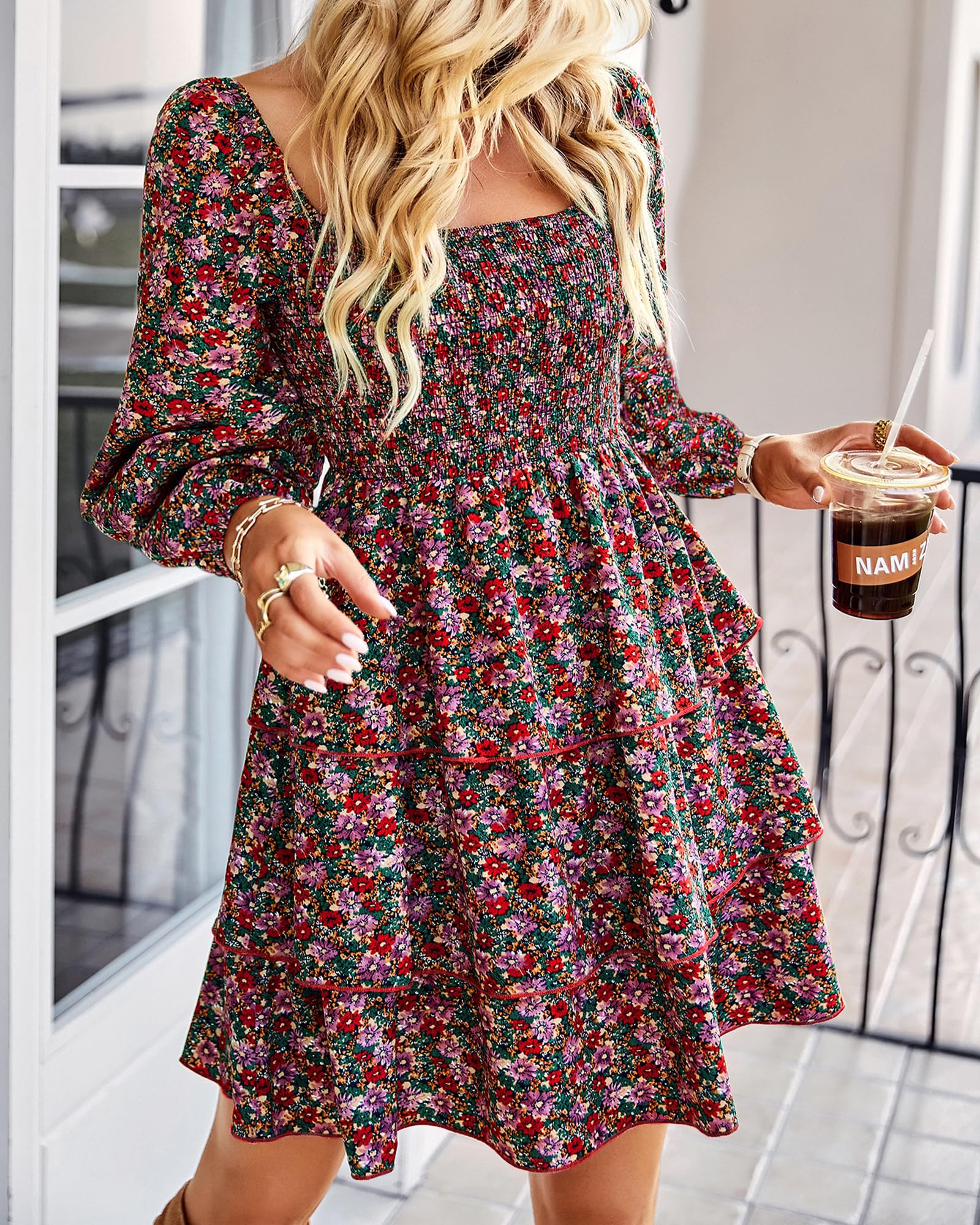 FreshPrettyWomen Square Neck Smocked Dresses Summer Spring Long Sleeve Floral Swiss Dot Mini Boho Wedding Guest Dress
