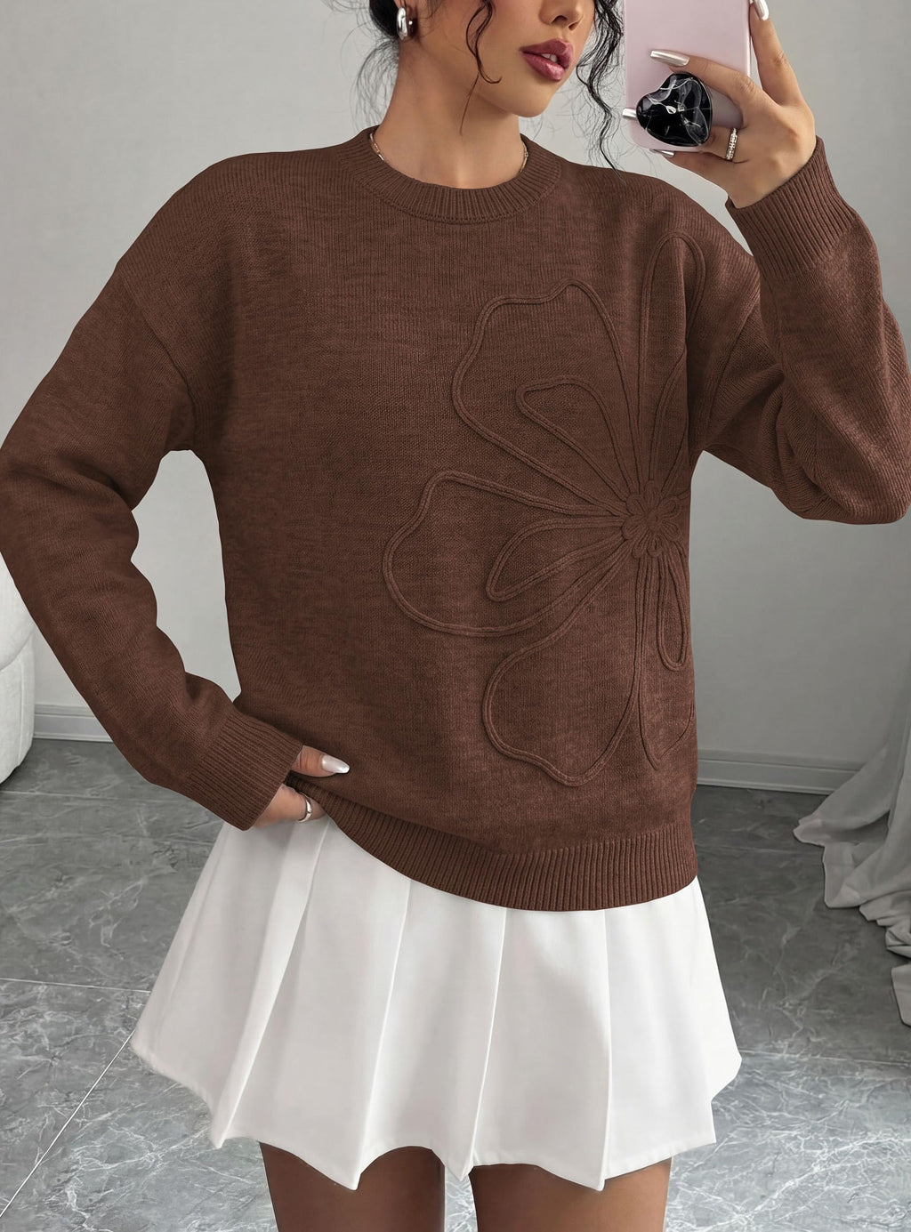 PRETTYGARDEN Women Fall Sweaters Trendy Floral Knit Pullover | Flower Embroidered Tops, Crew Neck, Soft Long Sleeve Shirts, Cozy Winter Layering Clothes for Casual Outing, Holiday Party