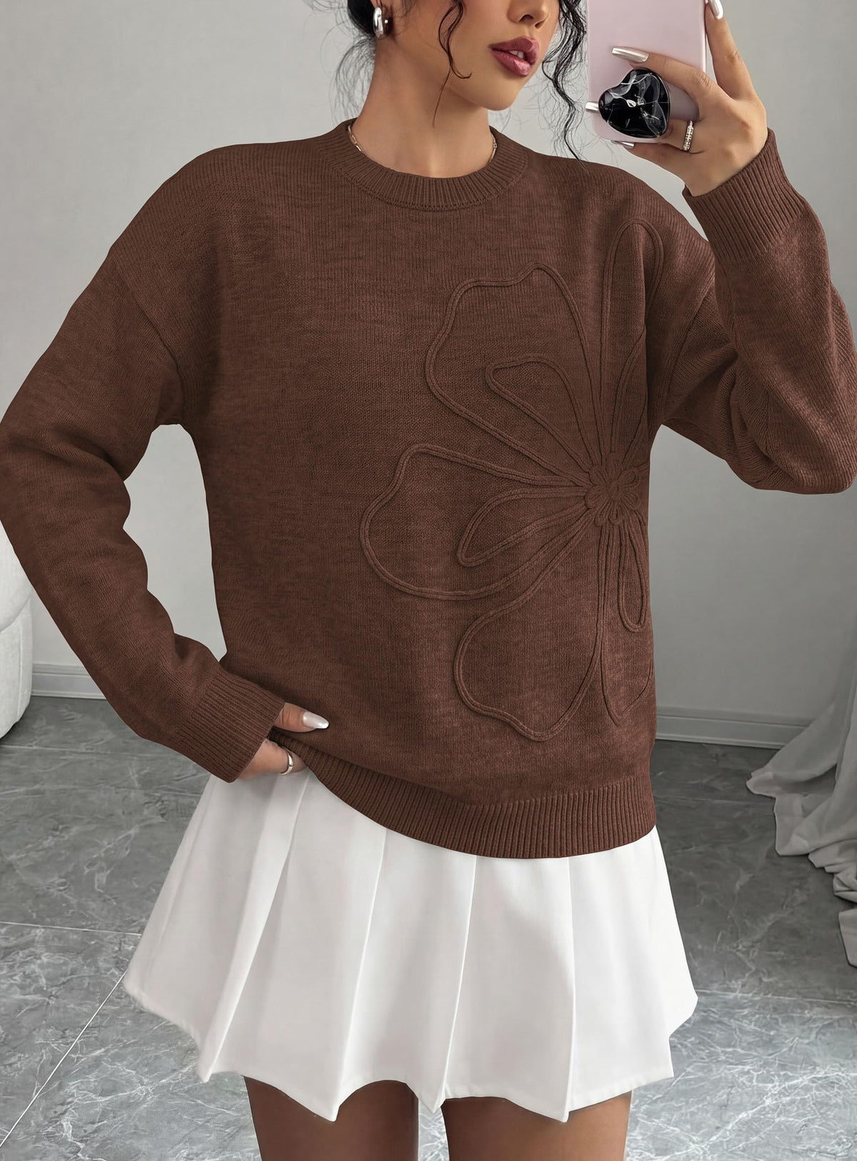 PRETTYGARDEN Women Fall Sweaters Trendy Floral Knit Pullover | Flower Embroidered Tops, Crew Neck, Soft Long Sleeve Shirts, Cozy Winter Layering Clothes for Casual Outing, Holiday Party