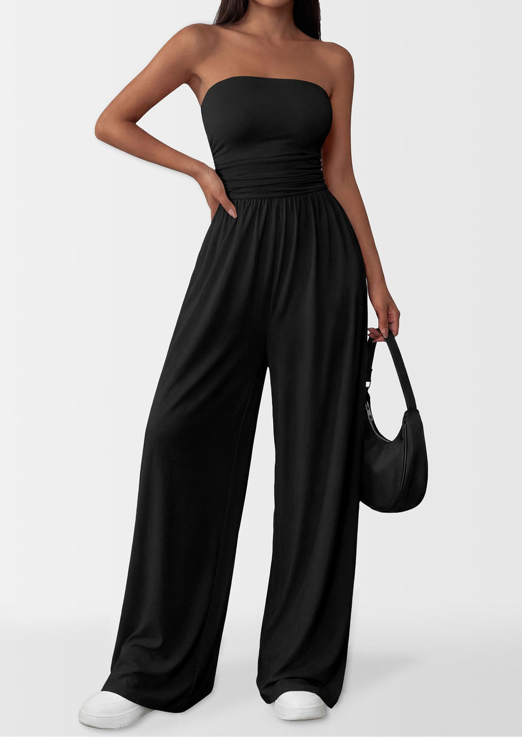 PRETTYGARDEN Womens Trendy Strapless Rompers Ruched Tube Top Wide Leg One Piece Jumpsuits Beach Vacation Summer Outfits