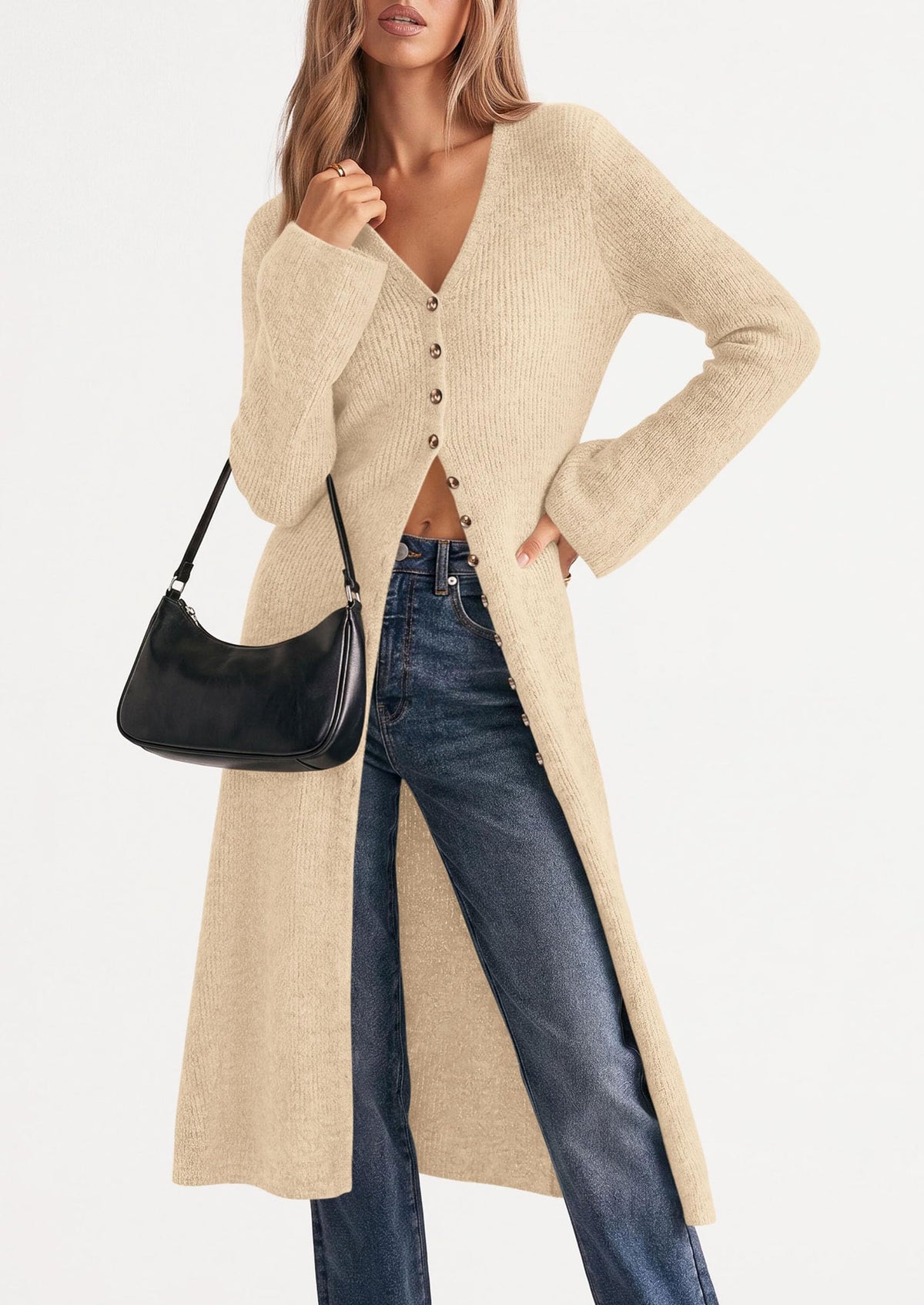 PRETTYGARDEN Women Long Cardigan Bell Sleeve Sweater Dress Early Fall Fashion, V Neck Button Down Coats, Fit and Flare, Duster Sweater, Acrylic Cotton Blend