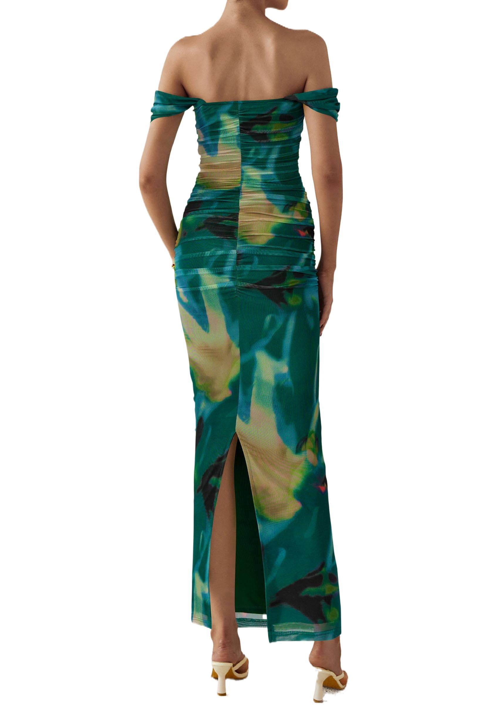PRETTYGARDEN Cocktail Dresses for Women Summer Floral Off Shoulder Ruched Mesh Elegant Wedding Guest Maxi Dress