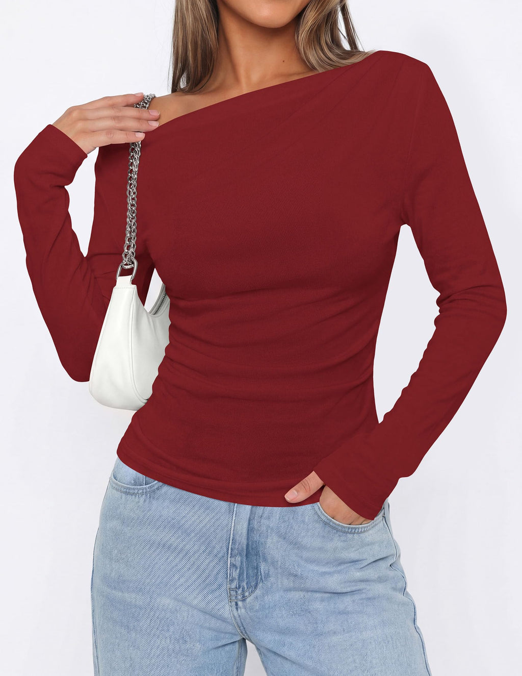 PRETTYGARDEN Womens Off The Shoulder Tops Long Sleeve Shirts | Going Out Tops, Ruched Slim Fit Asymmetrical Neck, Cute Date Night Outfits, Work Dressy Blouses, Fall Fashion Winter Clothes