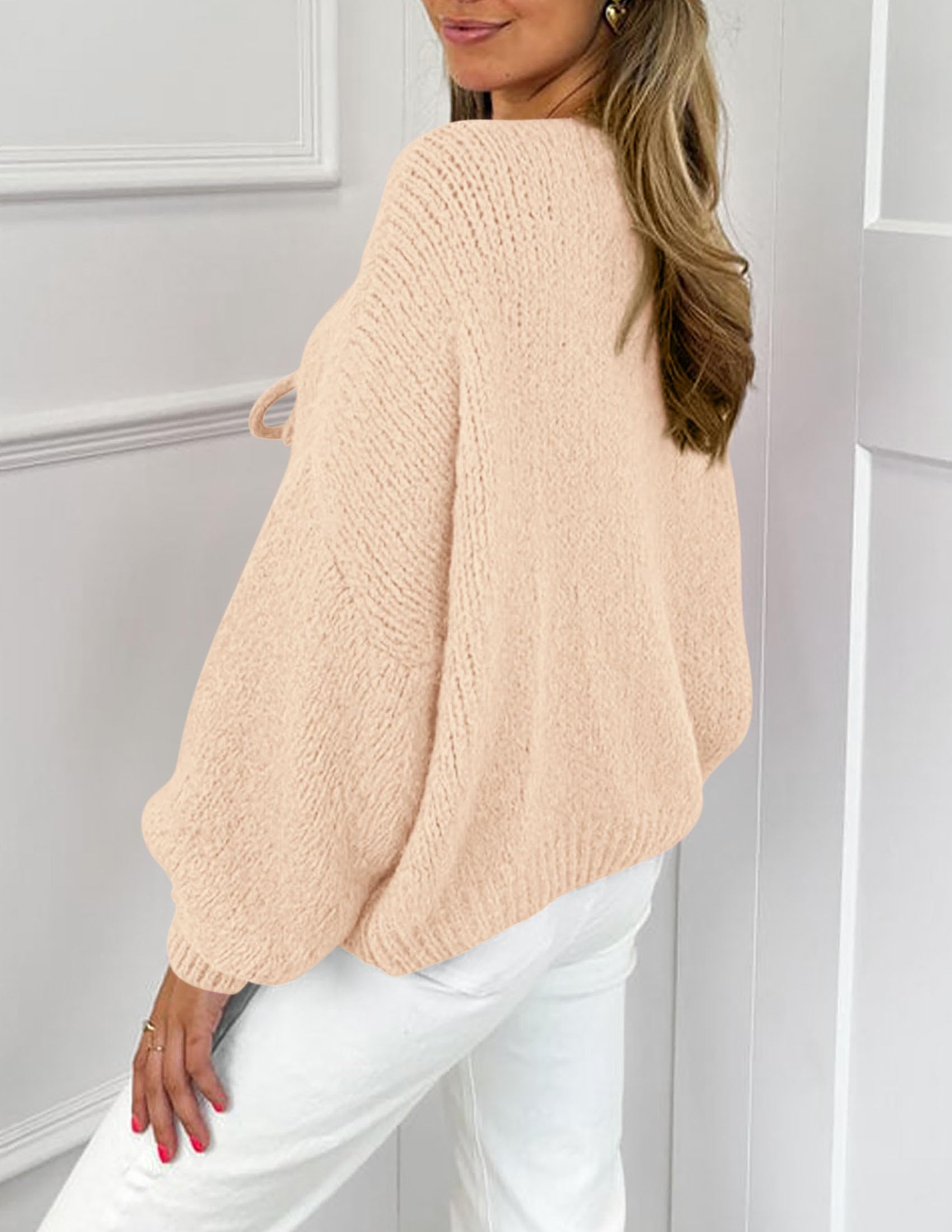 PRETTYGARDEN Women's Tie Front Bow Cardigan Sweaters Chunky Knit Long Puff Sleeve Trendy Fall Winter Jacket Coat