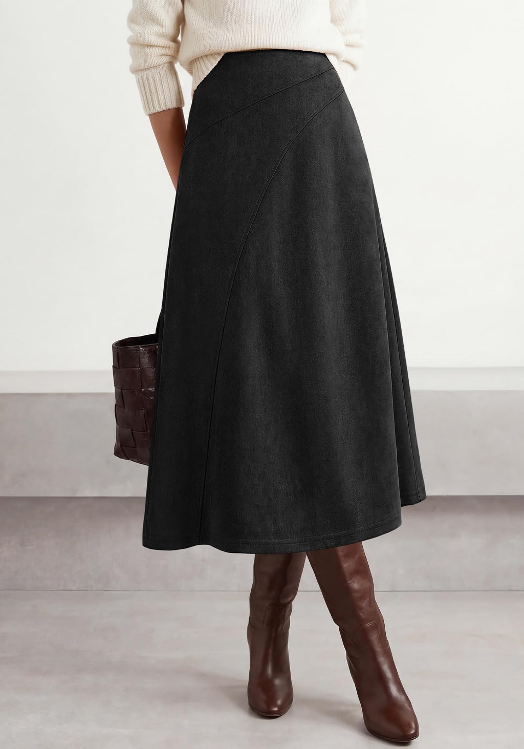 BTFBM Women Faux Suede Midi Long Skirt Fall Fashion | High Waisted Skirts For Women Trendy, Lightweight, Back Elastic, Arc Line Design, A-Line, Winter Dress, Boho Western Outfits