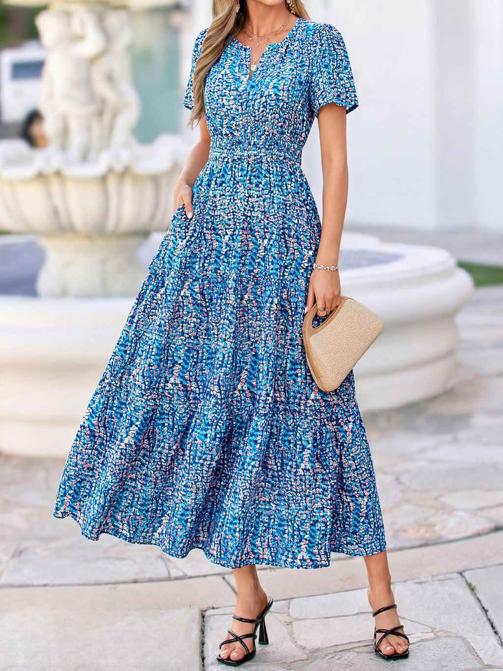BTFBM Womens Summer Floral Maxi Dresses V Neck Short Sleeve Boho Casual Flowy Long Wedding Guest Dress Beach Vacation