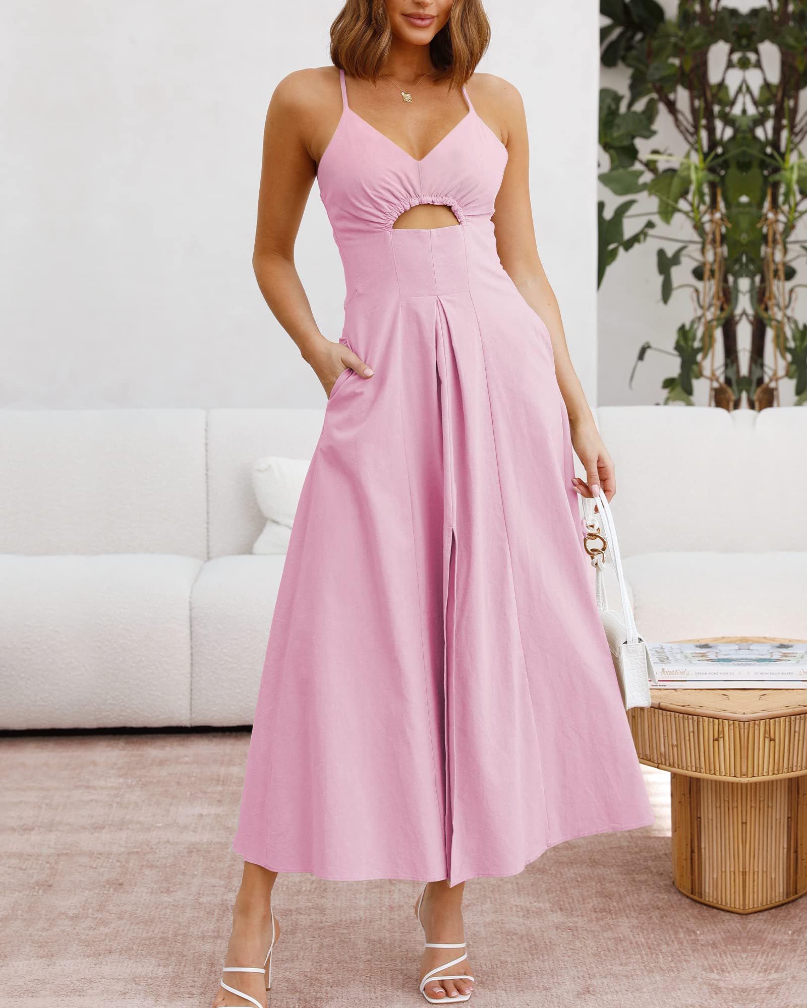BTFBM Women Spaghetti Strap Midi Summer Dresses Sleeveless V Neck Cutout Slit Casual Beach Party Maxi Dress Pockets