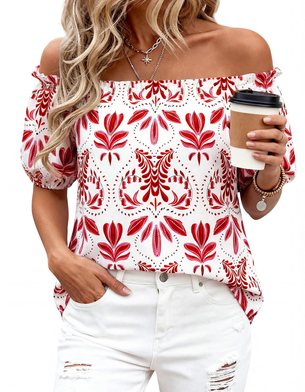 BTFBM Off The Shoulder Spring Tops for Women Summer Blouses Boho Floral Short Sleeve Shirts Dressy Casual Outfits