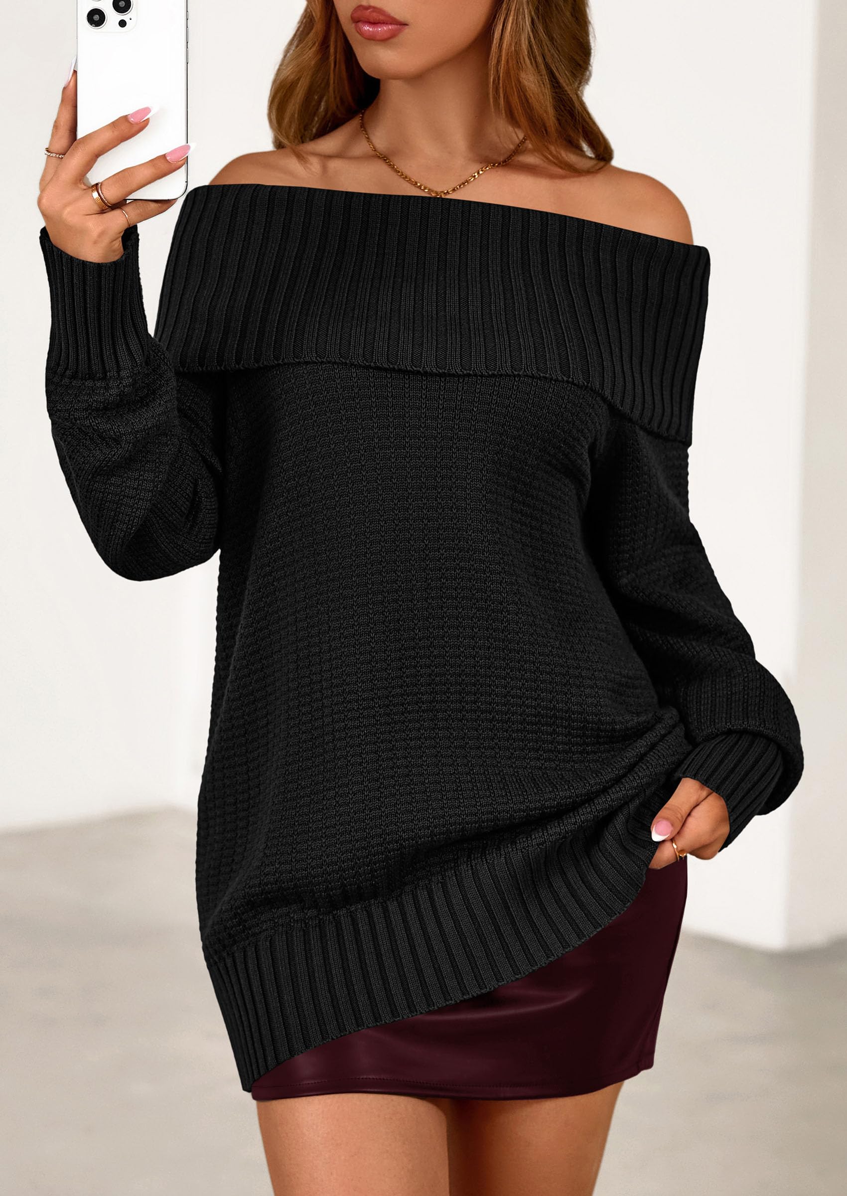 PRETTYGARDEN Womens Off The Shoulder Sweater Long Sleeve Tops Loose Knit Pullover Sweaters Fashion Fall Clothes