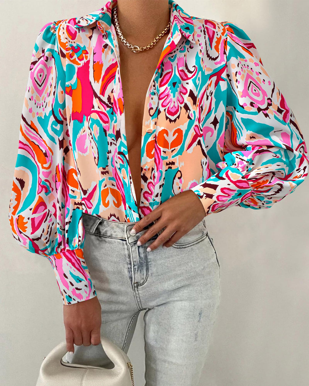 BTFBM Women Fashion Button Down Shirts V Neck Boho Printed Long Sleeve Blouses Dressy Casual Spring Fall Tops