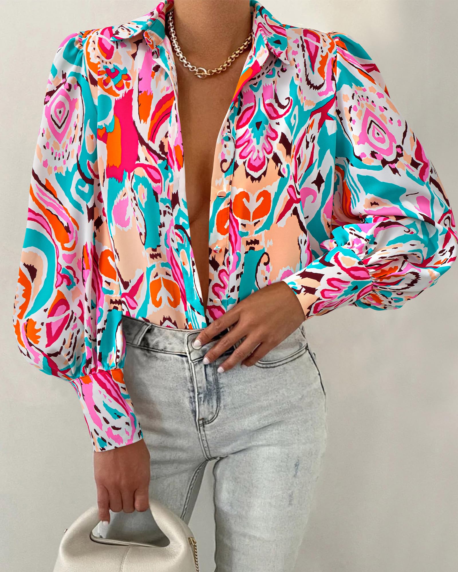 BTFBM Women Fashion Button Down Shirts V Neck Boho Printed Long Sleeve Blouses Dressy Casual Spring Fall Tops