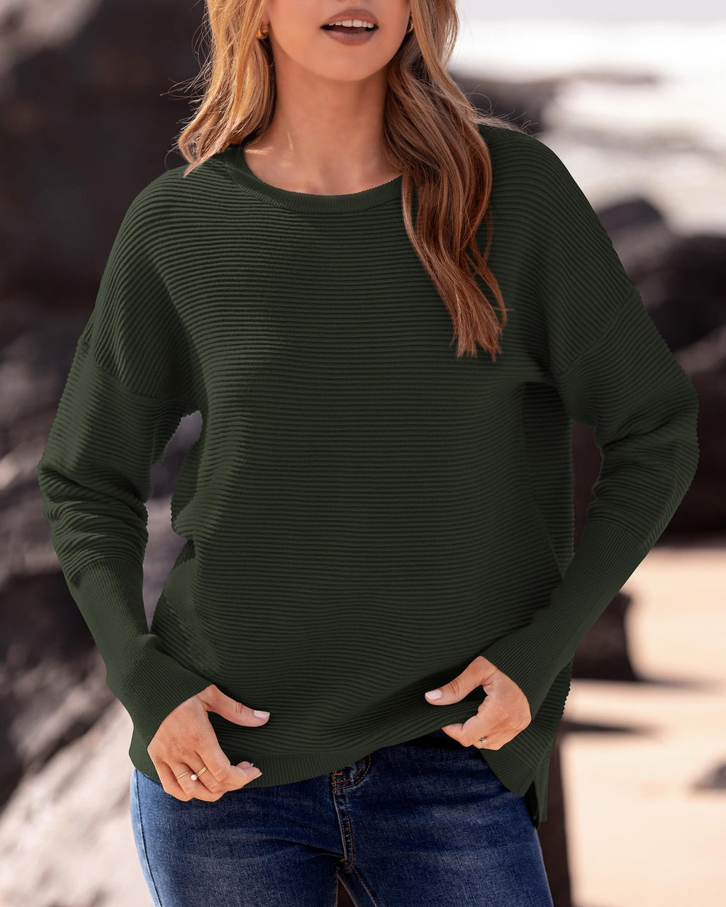 FreshPrettyFall Sweaters for Women Casual Long Sleeve Sweater Striped Loose Fit Pullover Tops