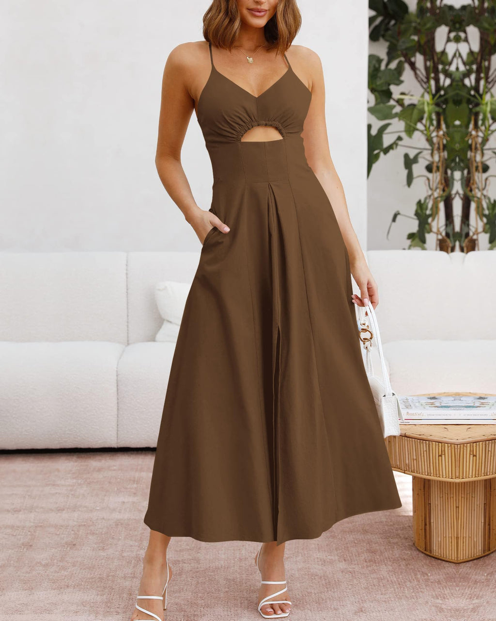 BTFBM Women Spaghetti Strap Midi Summer Dresses Sleeveless V Neck Cutout Slit Casual Beach Party Maxi Dress Pockets