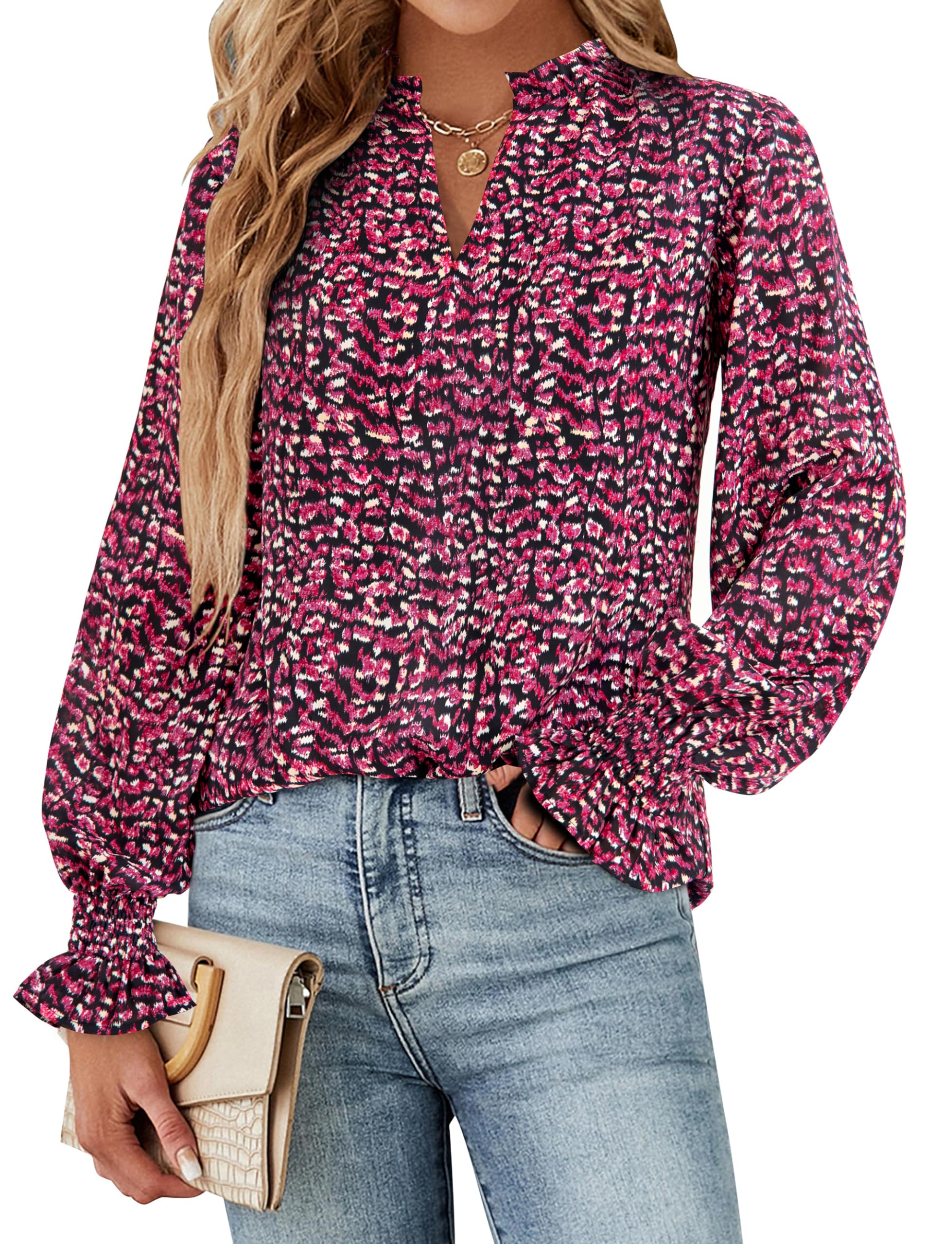 FreshPretty Womens V Neck Floral Long Sleeve Tops Summer Casual Loose Puff Sleeve Chiffon Boho Work Blouse Dressy T Shirts