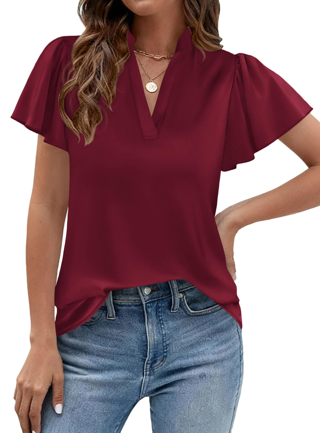 PRETTYGARDEN Women's Summer Satin Blouses Dressy Casual Ruffle Cap Sleeve V Neck Business Work Cute Tops Spring Outfits