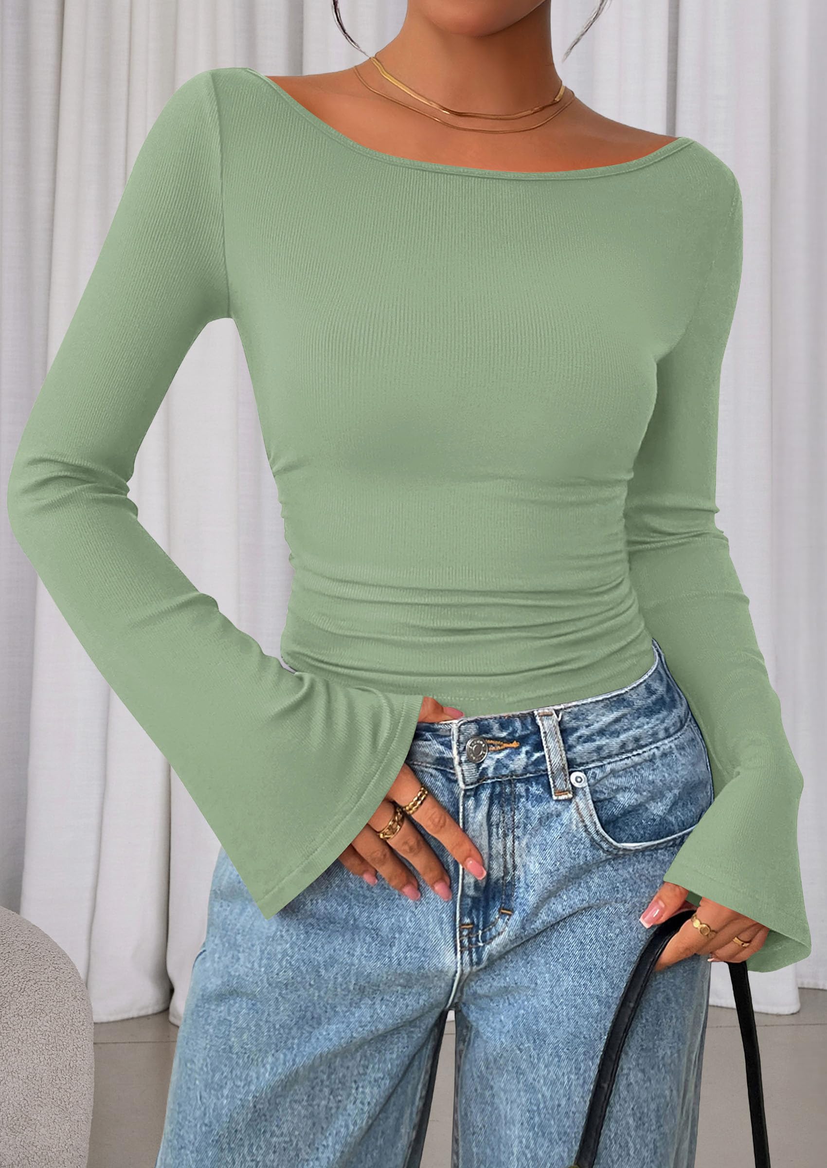 PRETTYGARDEN Women's Long Sleeve Shirts Fall Crop Going Out Tops Casual Boat Neck Bell Sleeve Ribbed Ruched Y2K Clothes