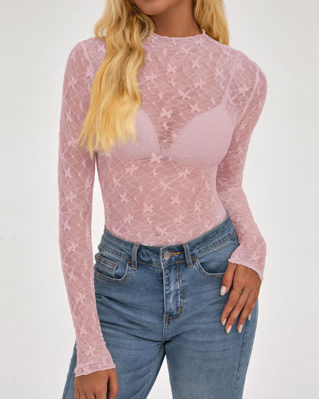 FreshPretty  Mesh Lace Tops Long Sleeve Shirts for Women Spring Fall See Through Crew Neck Slim Fitted Party Club Outfits