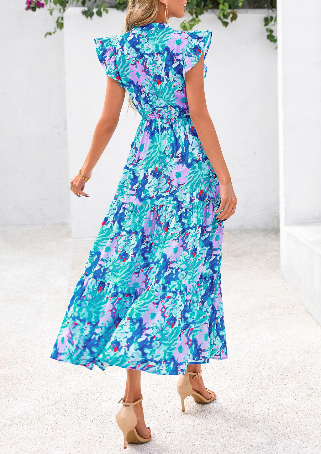 Visit the PRETTYGARDEN Store PRETTYGARDEN Women's Summer Floral Midi Dress Cap Sleeve V Neck Ruffle Long Flowy Boho Casual Beach Vacation Dresses