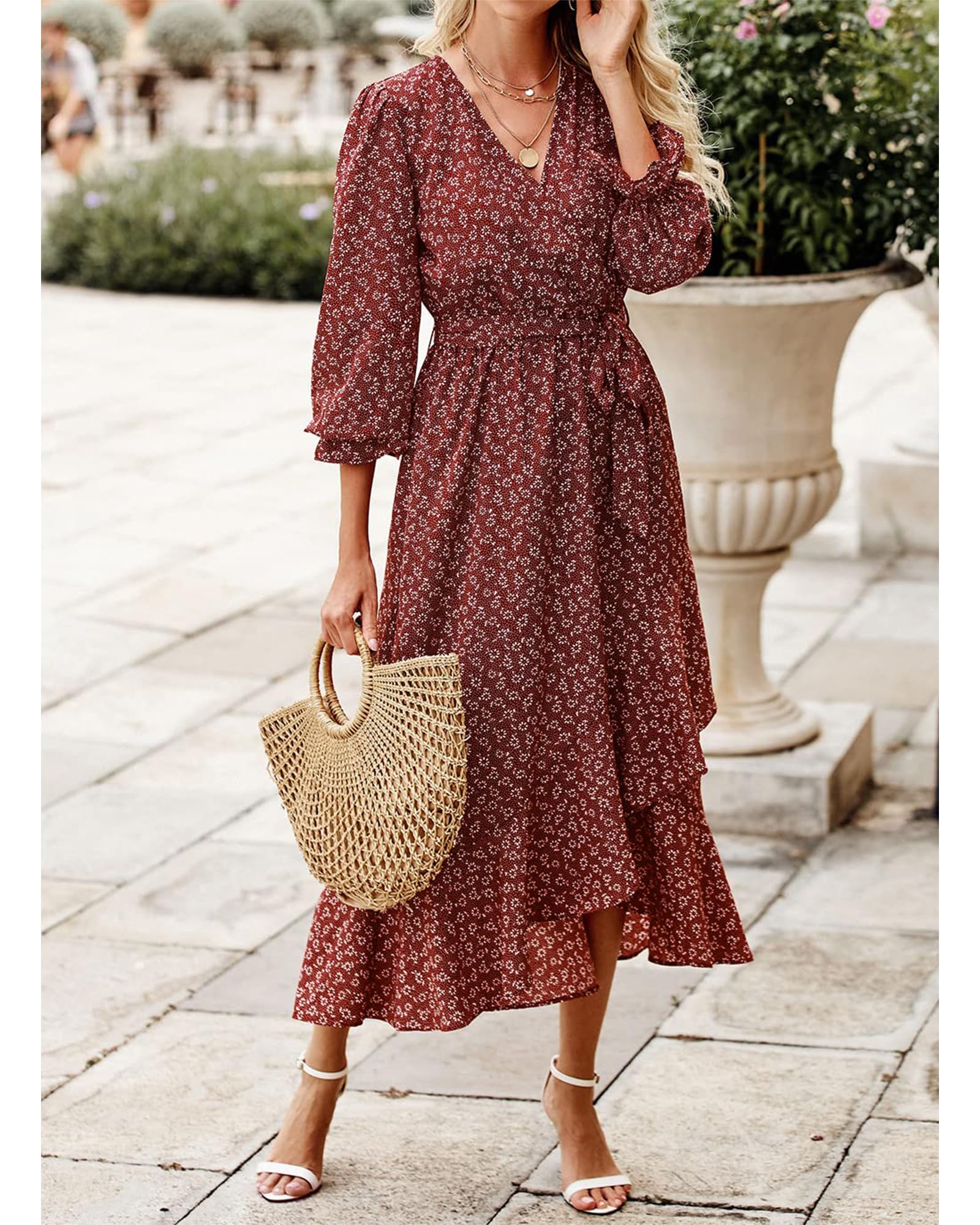 BTFBM Womens Dresses Summer V Neck Floral High Waist Ruffle Wedding Guest Cocktail Boho Spring Long Sleeve Dress