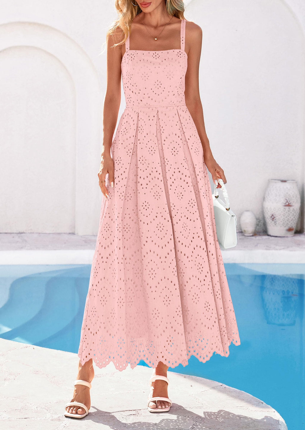 PRETTYGARDEN Womens Sleeveless Maxi Summer Dresses Hollow Out Eyelet Square Neck Ruffle Flowy Beach Vacation Sundress