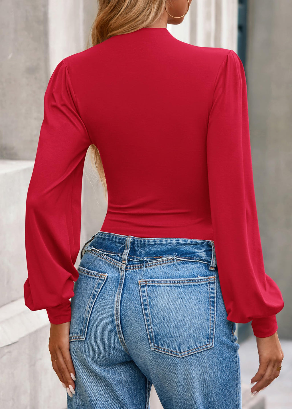 FreshPretty Blouses for Women Dressy Casual Spring Tops Fall Puff Long Sleeve Shirts Fitted Mock Neck Ruched Trendy Tops