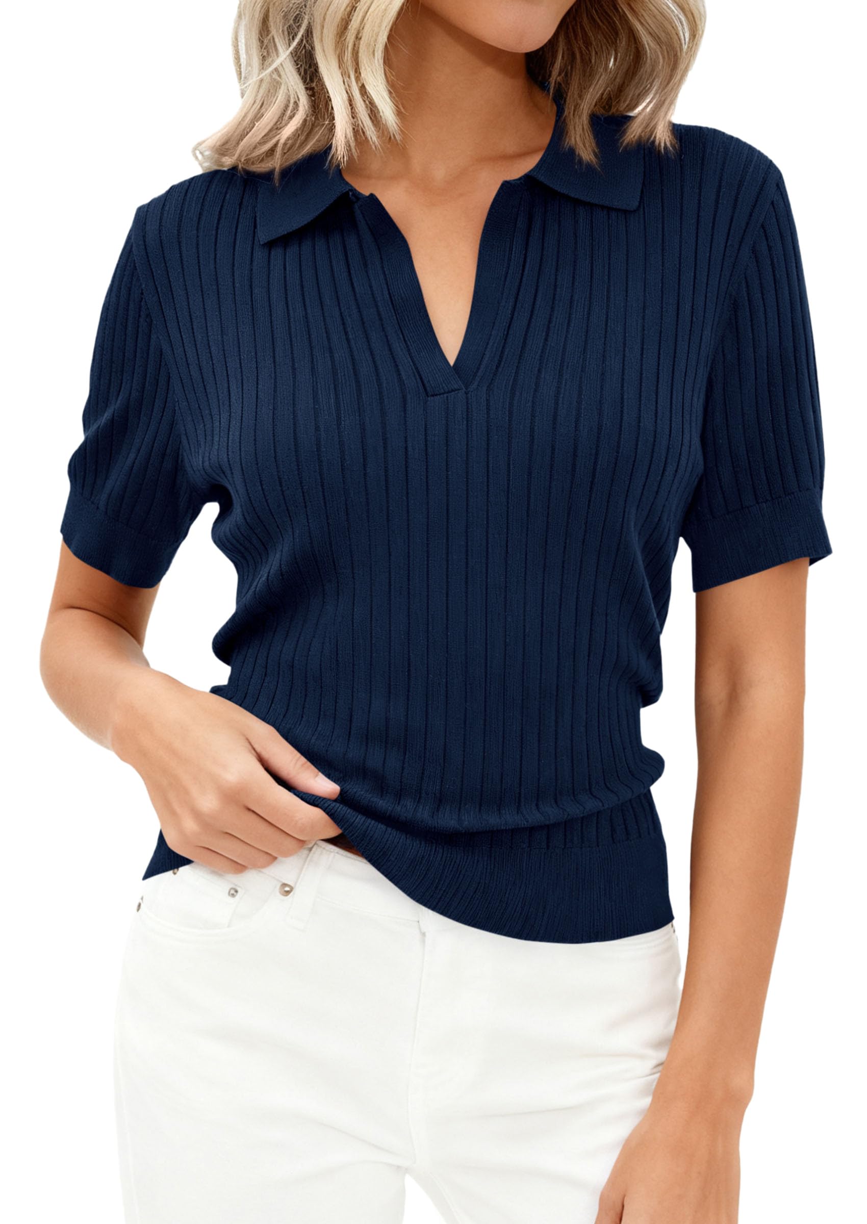 PRETTYGARDEN Women's Short Sleeve Sweater Spring Polo Shirts Ribbed Knit V Neck Business Casual Tops Summer Work Clothes