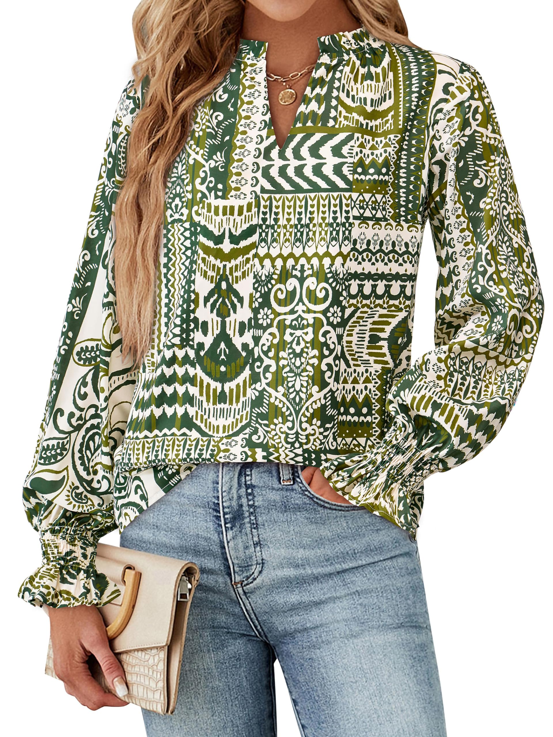 FreshPretty Womens V Neck Floral Long Sleeve Tops Summer Casual Loose Puff Sleeve Chiffon Boho Work Blouse Dressy T Shirts