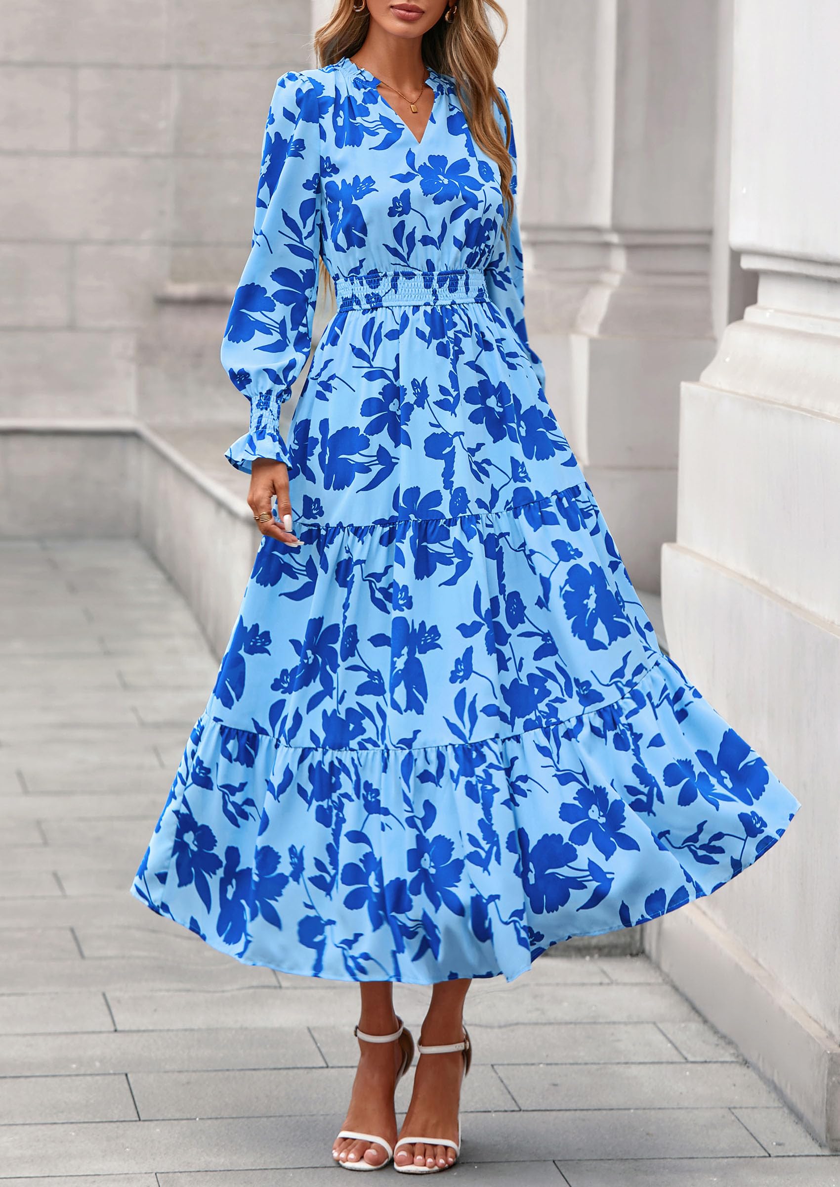 PRETTYGARDEN Women's Floral Maxi Dress Fall Long Sleeve V Neck Casual A Line Long Flowy Boho Party Dresses