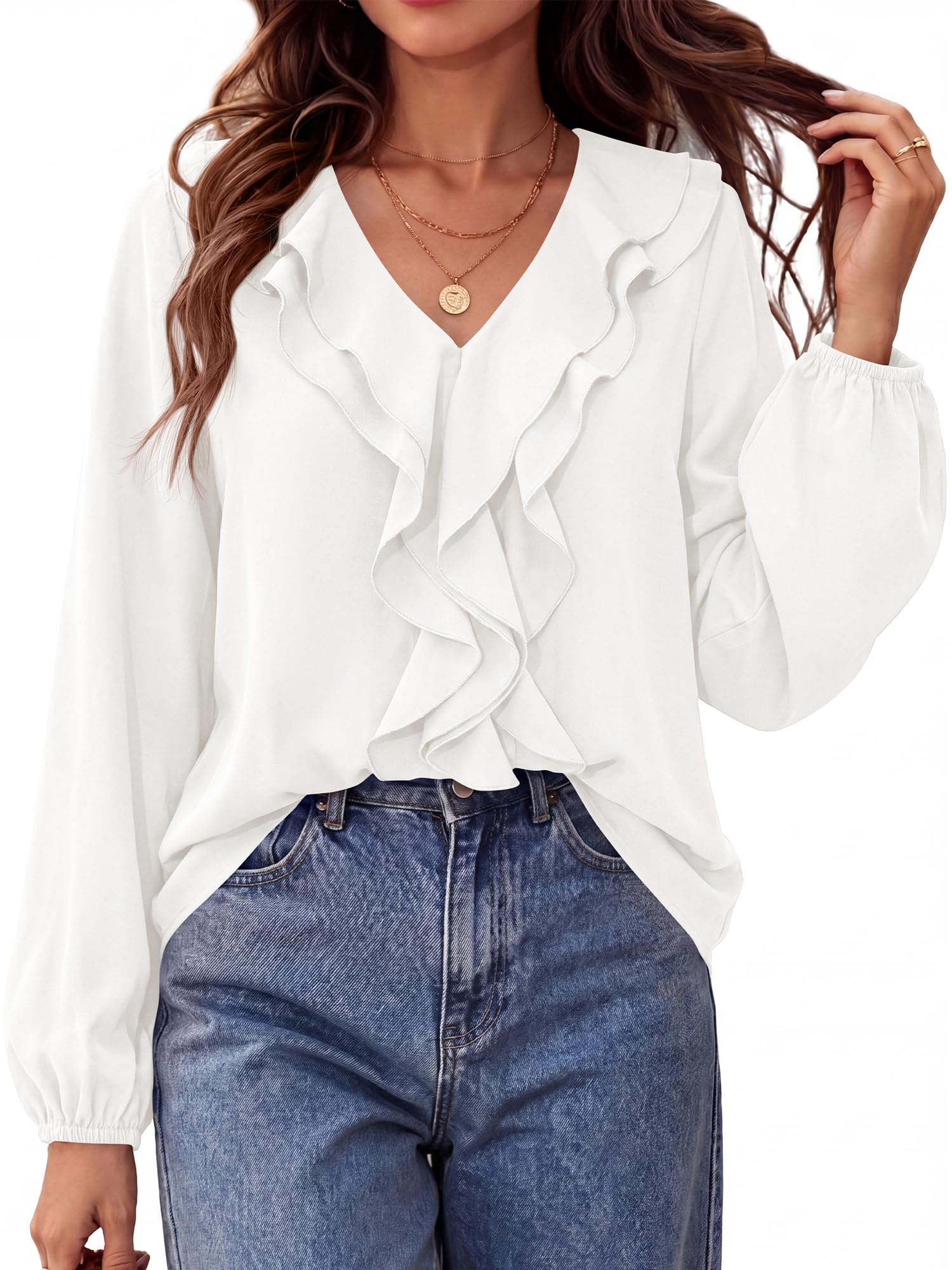 BTFBM Womens Fall Tops Ruffle Blouses Dressy Casual | Double Ruffled Collar V Neck Long Sleeve Shirts, Lightweight Fashion Clothing Trendy, Daily Business Office Work Clothes