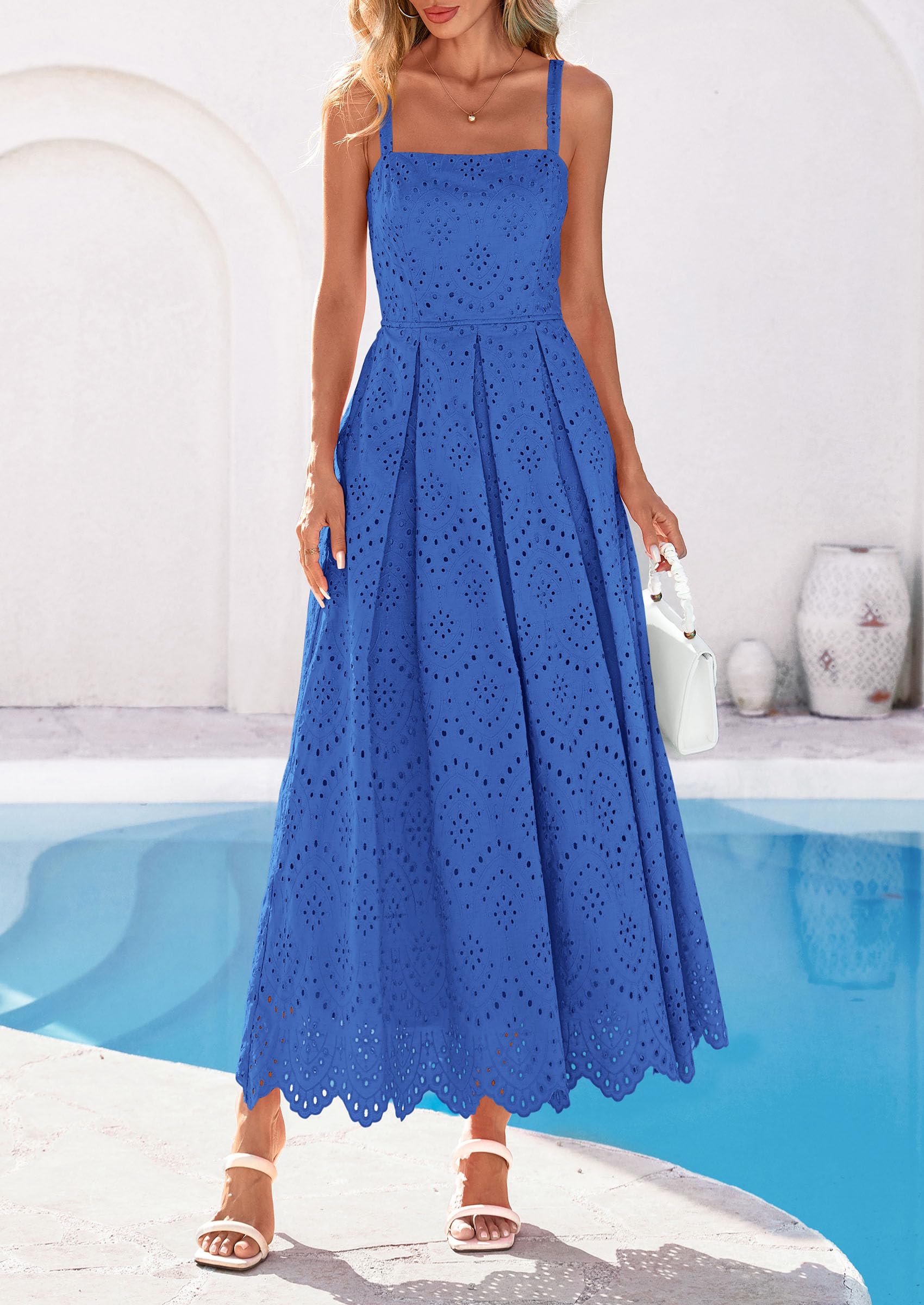 PRETTYGARDEN Womens Sleeveless Maxi Summer Dresses Hollow Out Eyelet Square Neck Ruffle Flowy Beach Vacation Sundress