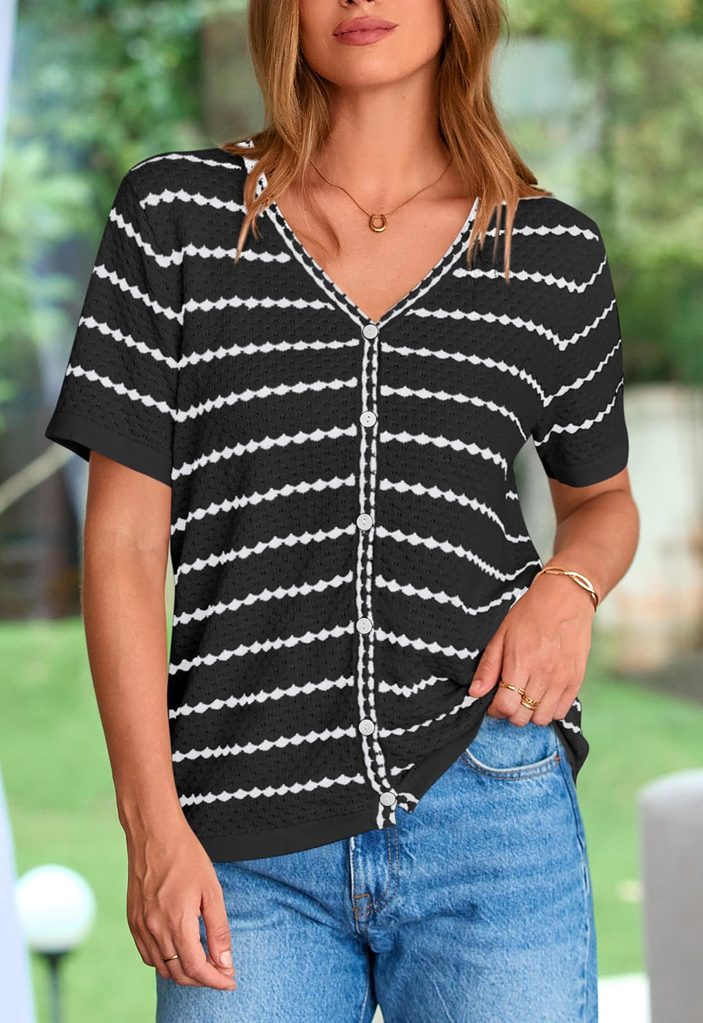 FreshPretty Women's Short Sleeve Sweater Spring Summer Crochet Knit Tops V Neck Striped Button Down Dressy Casual Blouses