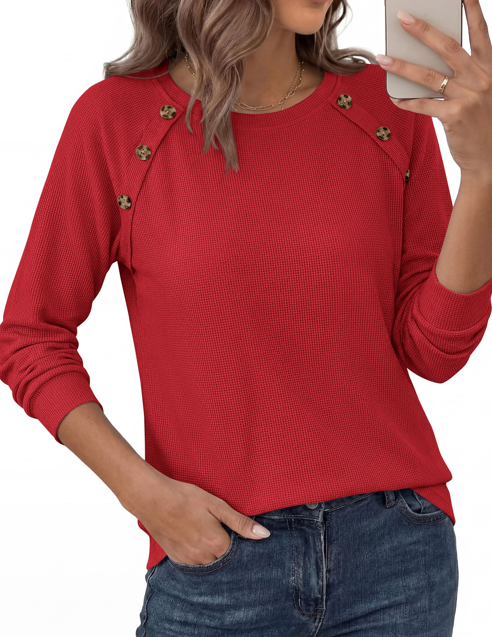 PRETTYGARDEN Long Sleeve Shirts for Women Waffle Knit Tops Fall Fashion Dressy Casual Loose Tunic Blouse Winter Clothing