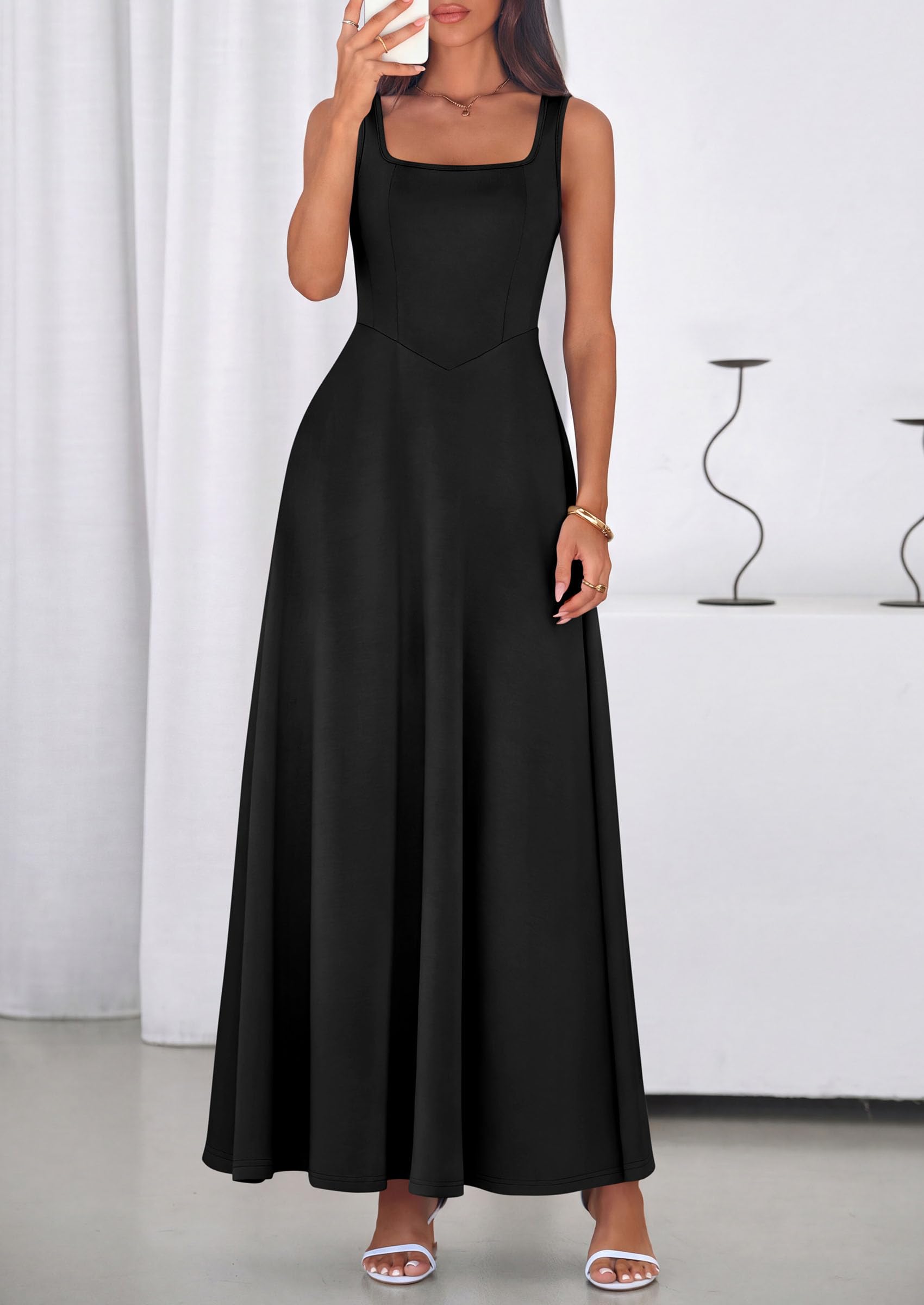 PRETTYGARDEN Womens Summer Dresses Sleeveless Elegant Square Neck Aline Swing Maxi Beach Wedding Guest Dress Pockets