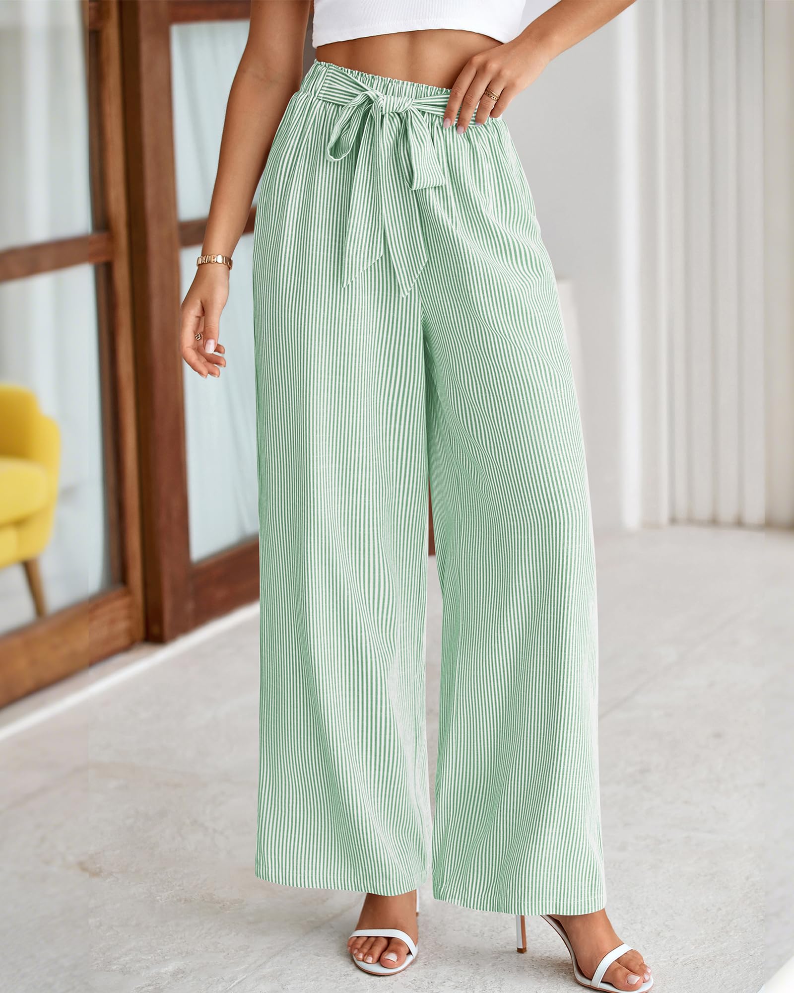 BTFBM Pants for Women Spring Clothes Striped High Waist Tie Knot Dressy Casual Wide Leg Palazzo Work Trousers Pants