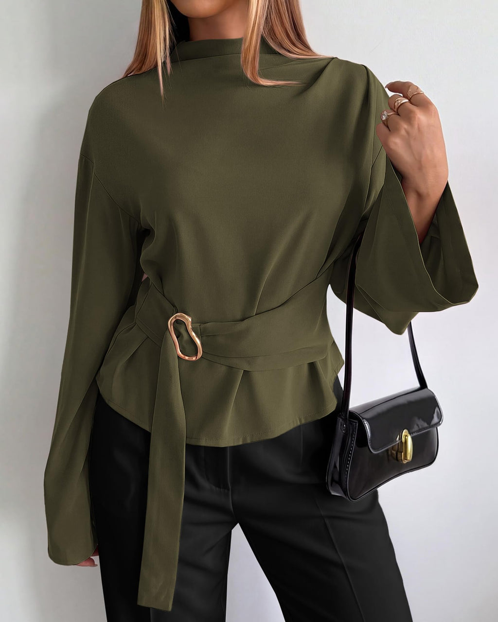 BTFBM Women Business Casual Blouses Bell Long Sleeve Tie Waist Top Mock Neck Back Zipper Shirt, Elegant Dressy Buckle Tunic, Going Out Tops, Work Office Shirts, Early Fall Fashion