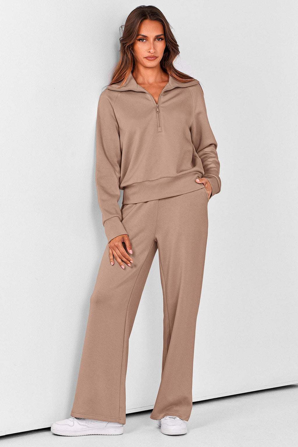 PRETTYGARDEN Women's 2 Piece Outfits Casual Lapel Half Zip Sweatshirts and Wide Leg Pants Tracksuit Sets