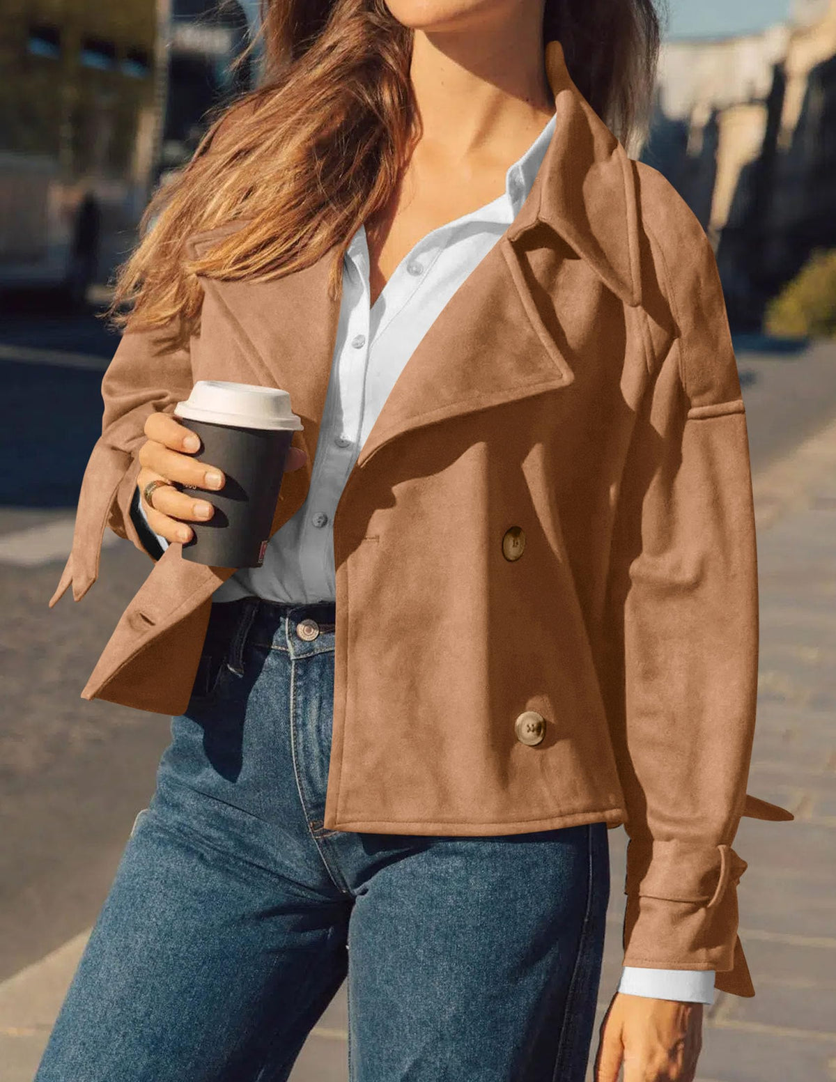 PRETTYGARDEN Women Faux Suede Double Breasted Trench Coat Cropped Jackets Raglan Long Sleeve,Lapel,Tie Cuff,Button Down,Fall Fashion Outerwear,Winter Clothes,Work Office Casual Short Jacket
